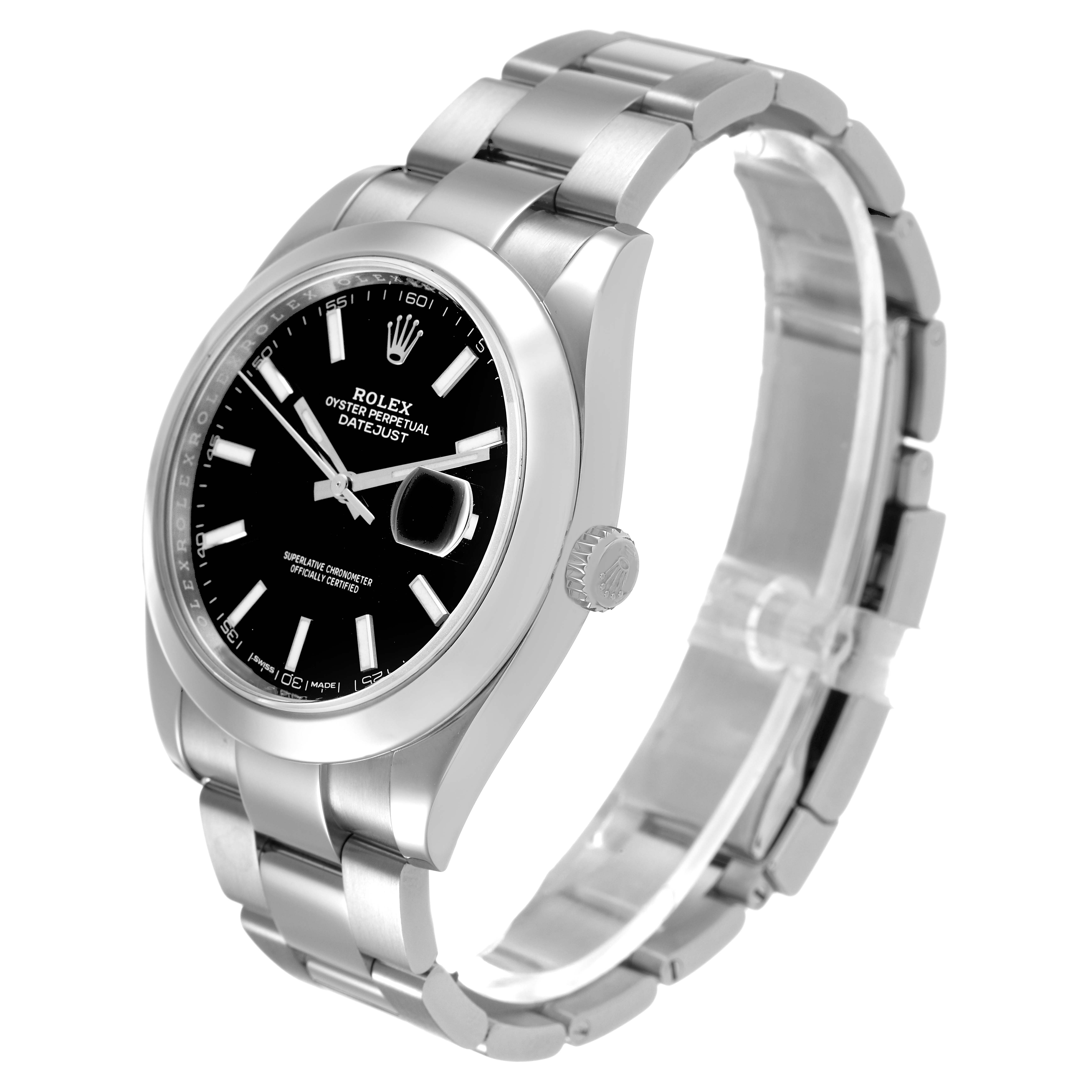 The Rolex Datejust 41 126300 Men's Stainless Steel Black Dial watch is shown at a three-quarter angle, highlighting the dial, bezel, bracelet, and crown.
