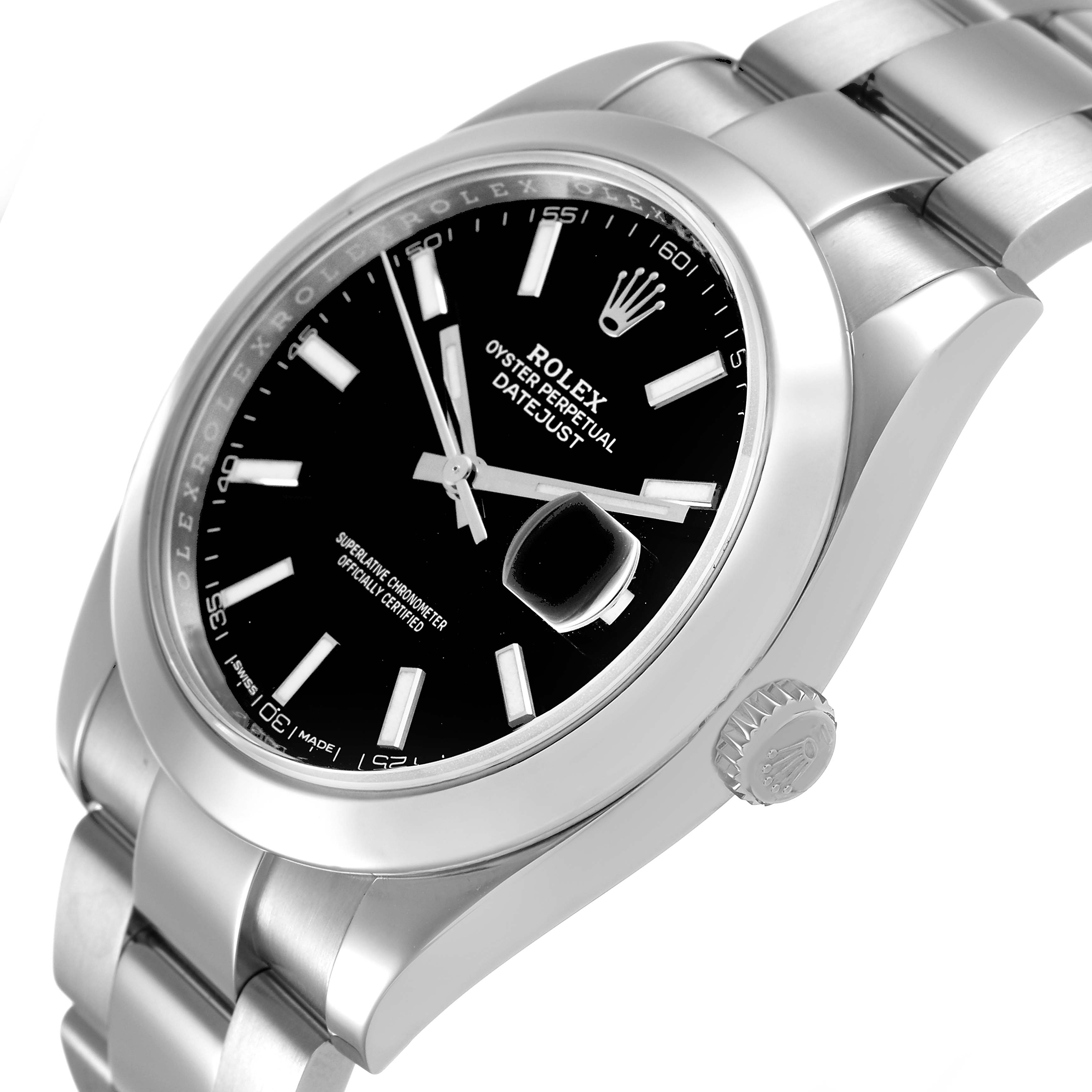 The Rolex Datejust 41 126300 Men's Stainless Steel Black Dial watch is shown at a slight angle, highlighting the dial, bezel, crown, and part of the bracelet.