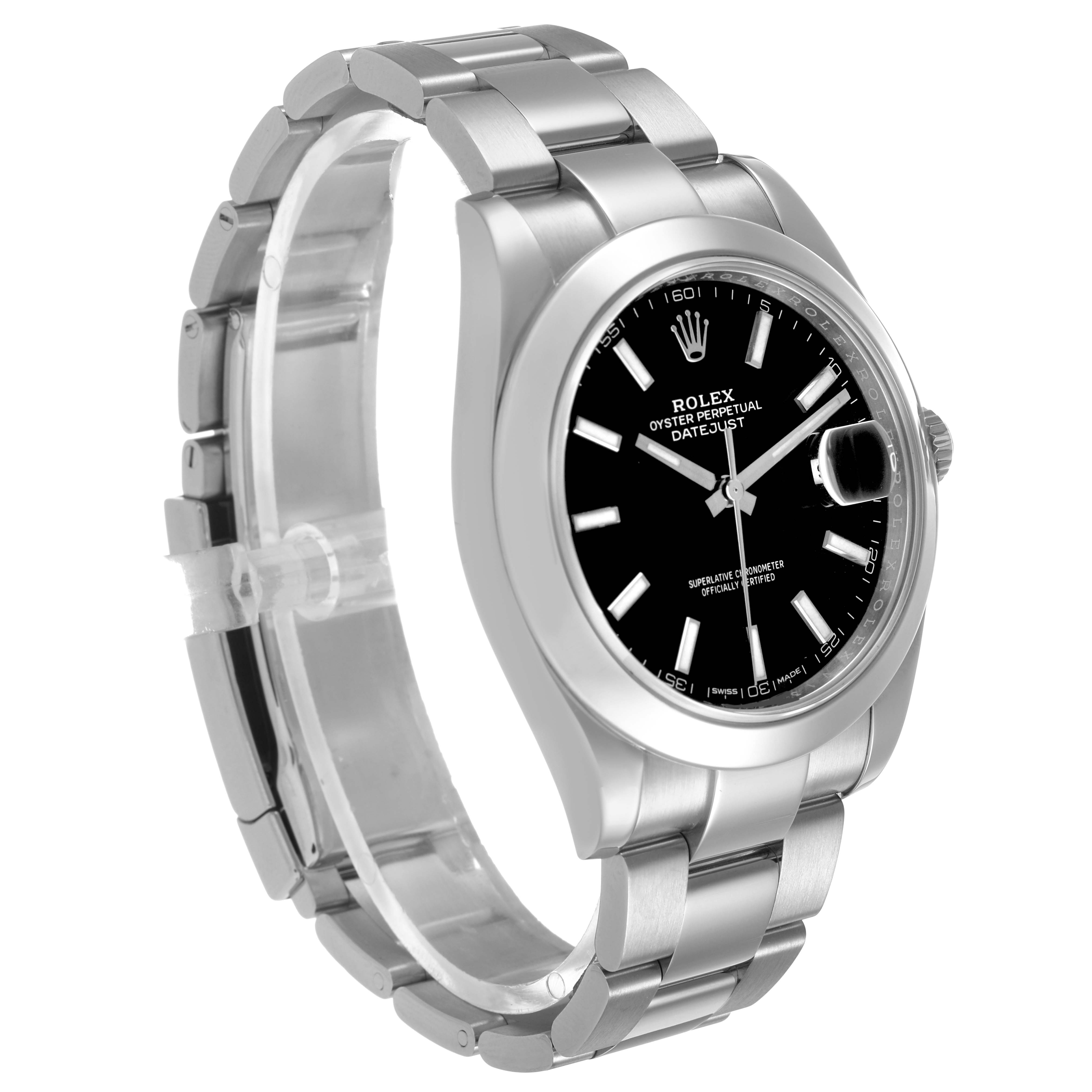 The Rolex Datejust 41 126300 Men's Stainless Steel Black Dial is shown at a three-quarter angle, highlighting the bracelet, bezel, and dial features.