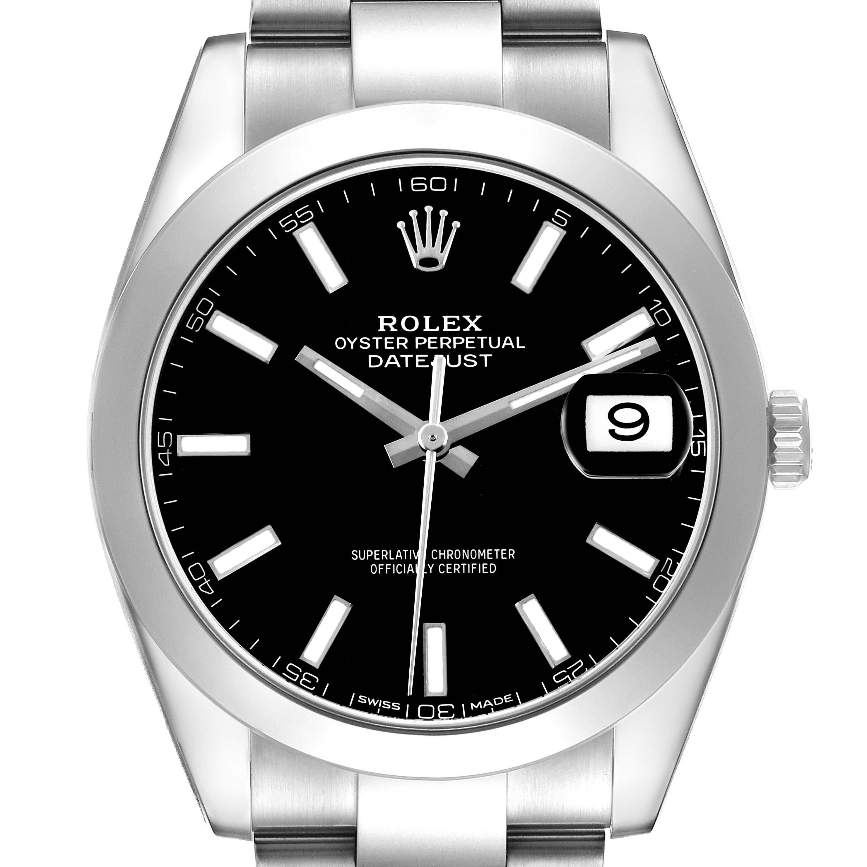 The Rolex Datejust 41 126300 Men's Stainless Steel Black Dial is shown from a front angle, displaying the dial, bezel, and bracelet.