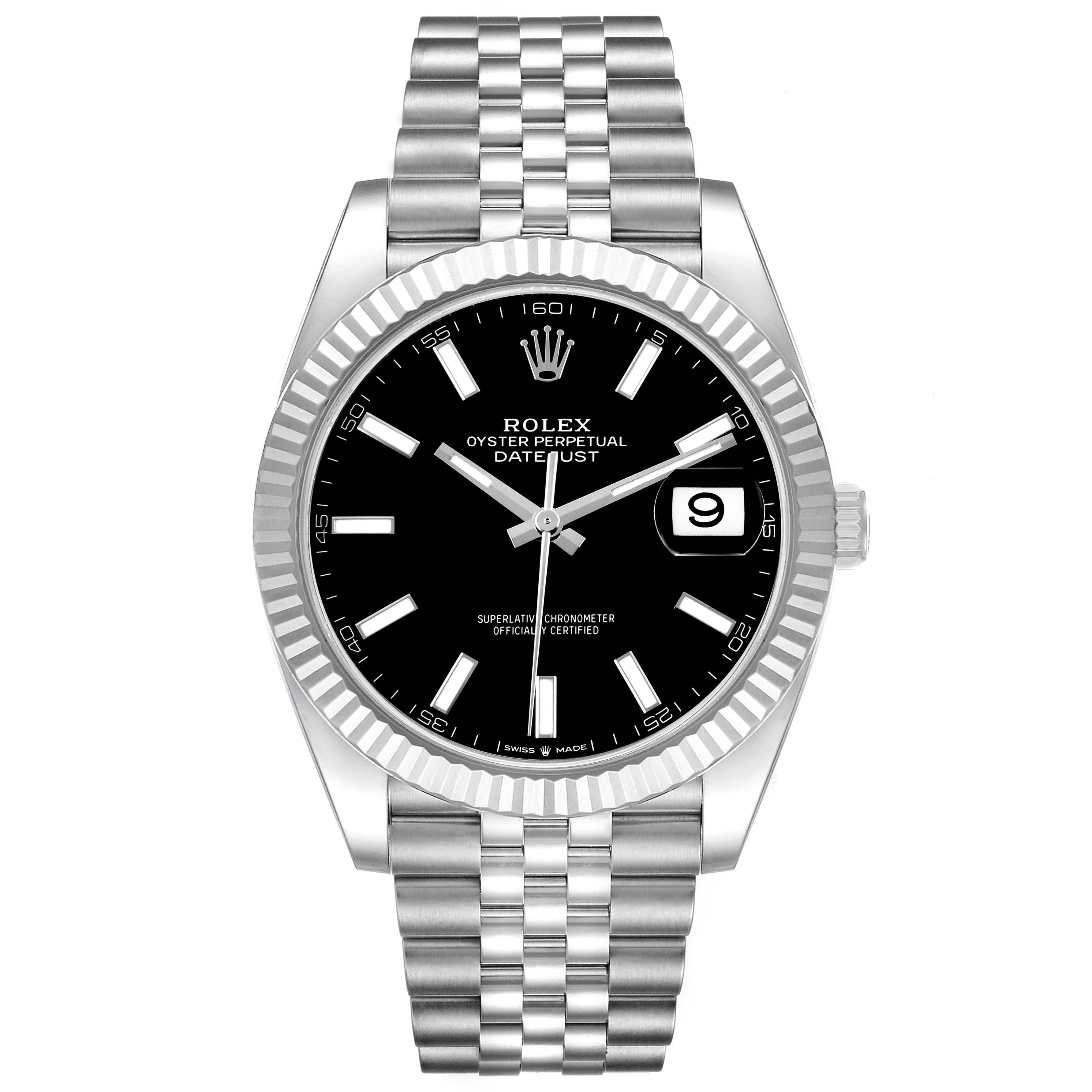 The image shows a frontal view of the Rolex Datejust 41 M126334-0018 Men's Stainless Steel Black Dial, highlighting the dial, fluted bezel, and Jubilee bracelet.