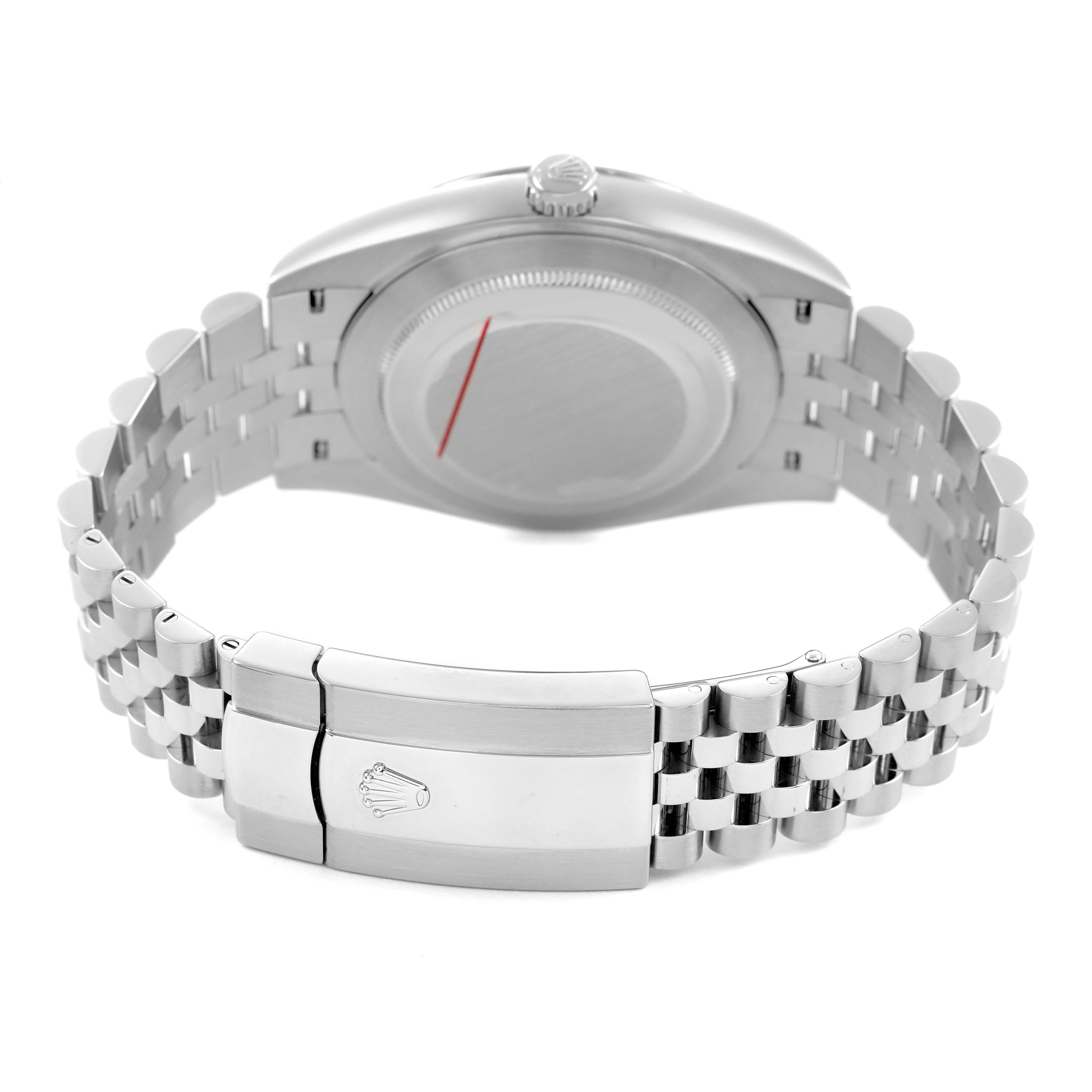 The image shows the rear view of a Rolex Datejust 41 M126334-0018 Men's Stainless Steel Black Dial, highlighting the clasp, bracelet, and case back.