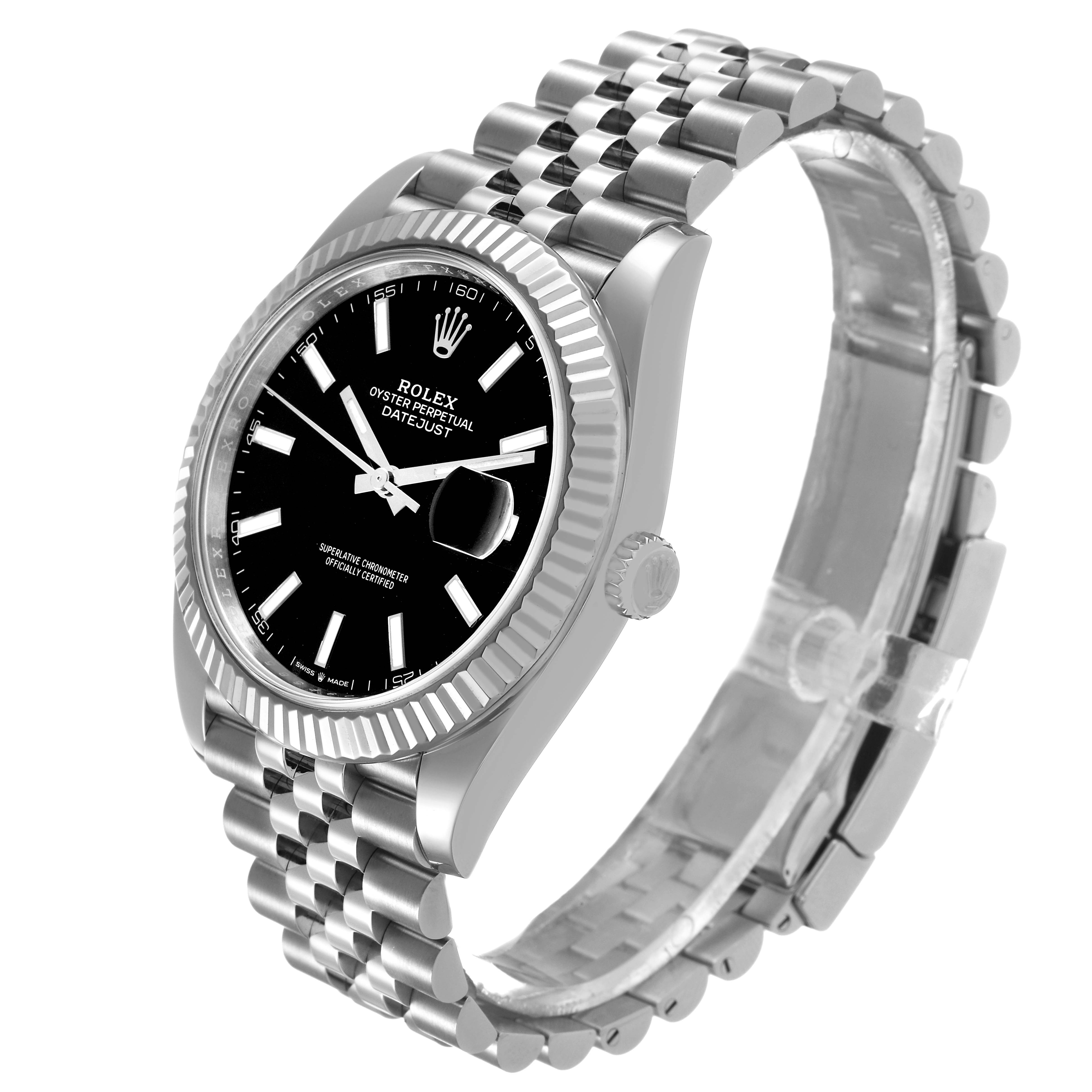 The Rolex Datejust 41 M126334-0018 Men's Stainless Steel Black Dial is shown at a three-quarter angle, displaying the face, bezel, crown, and Jubilee bracelet.