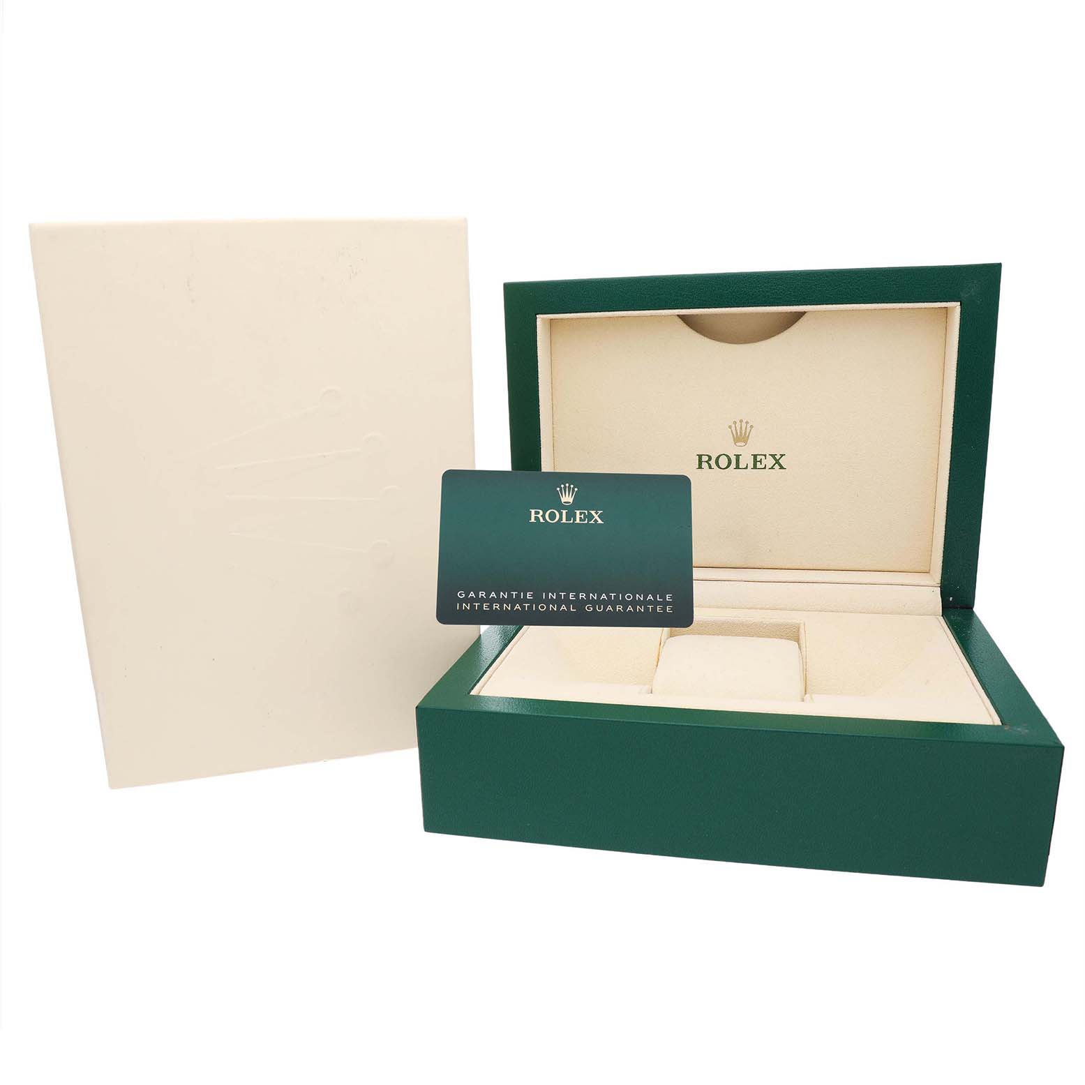 The image shows a Rolex Datejust 41 M126334-0018 Men's Stainless Steel Black Dial watch box, open with the warranty card displayed.