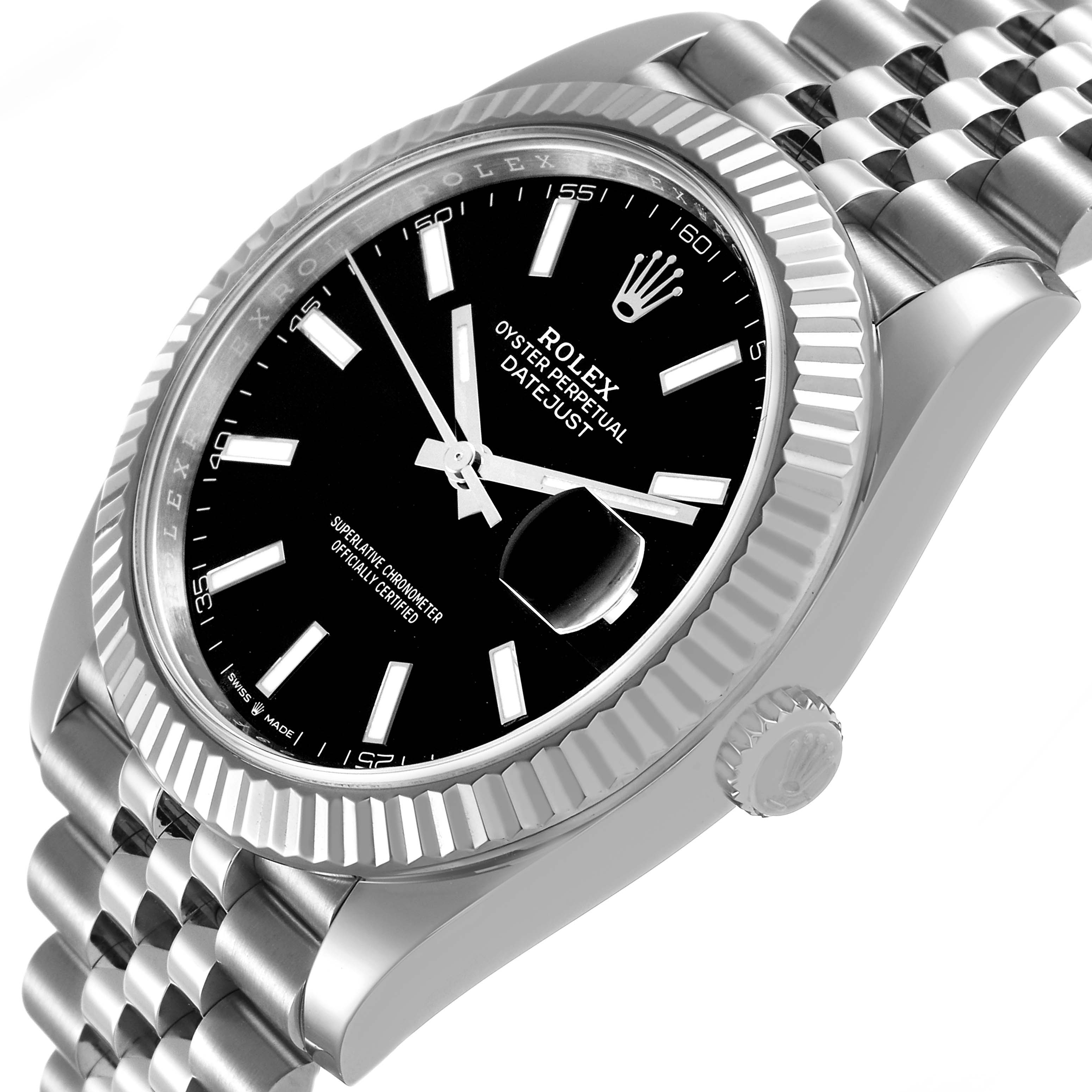The image shows a Rolex Datejust 41 M126334-0018 Men's Stainless Steel Black Dial from a slight side angle, displaying the bezel, crown, bracelet, and dial clearly.