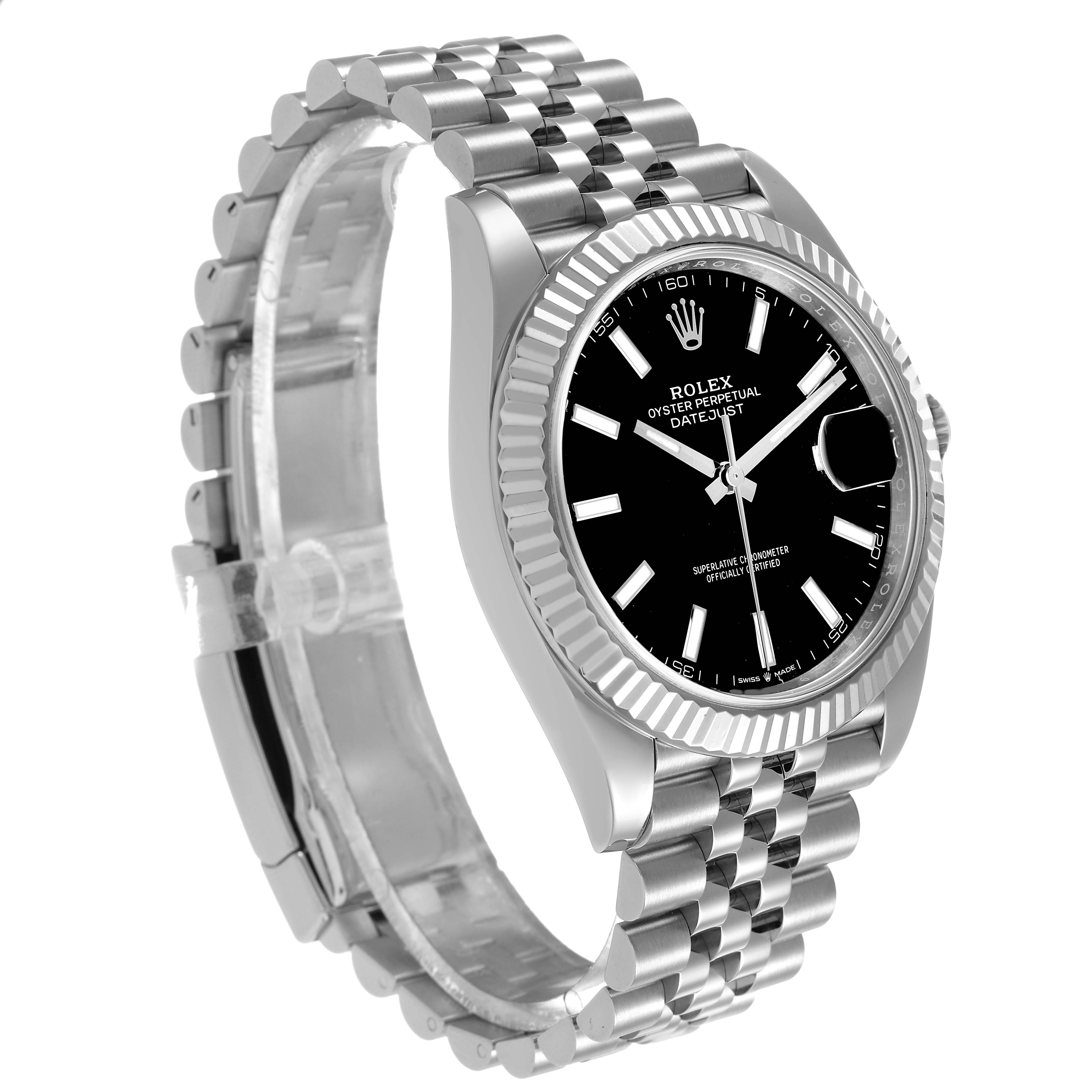 The Rolex Datejust 41 M126334-0018 Men's Stainless Steel Black Dial is shown from an angled side view, highlighting the watch face, bezel, and jubilee bracelet.