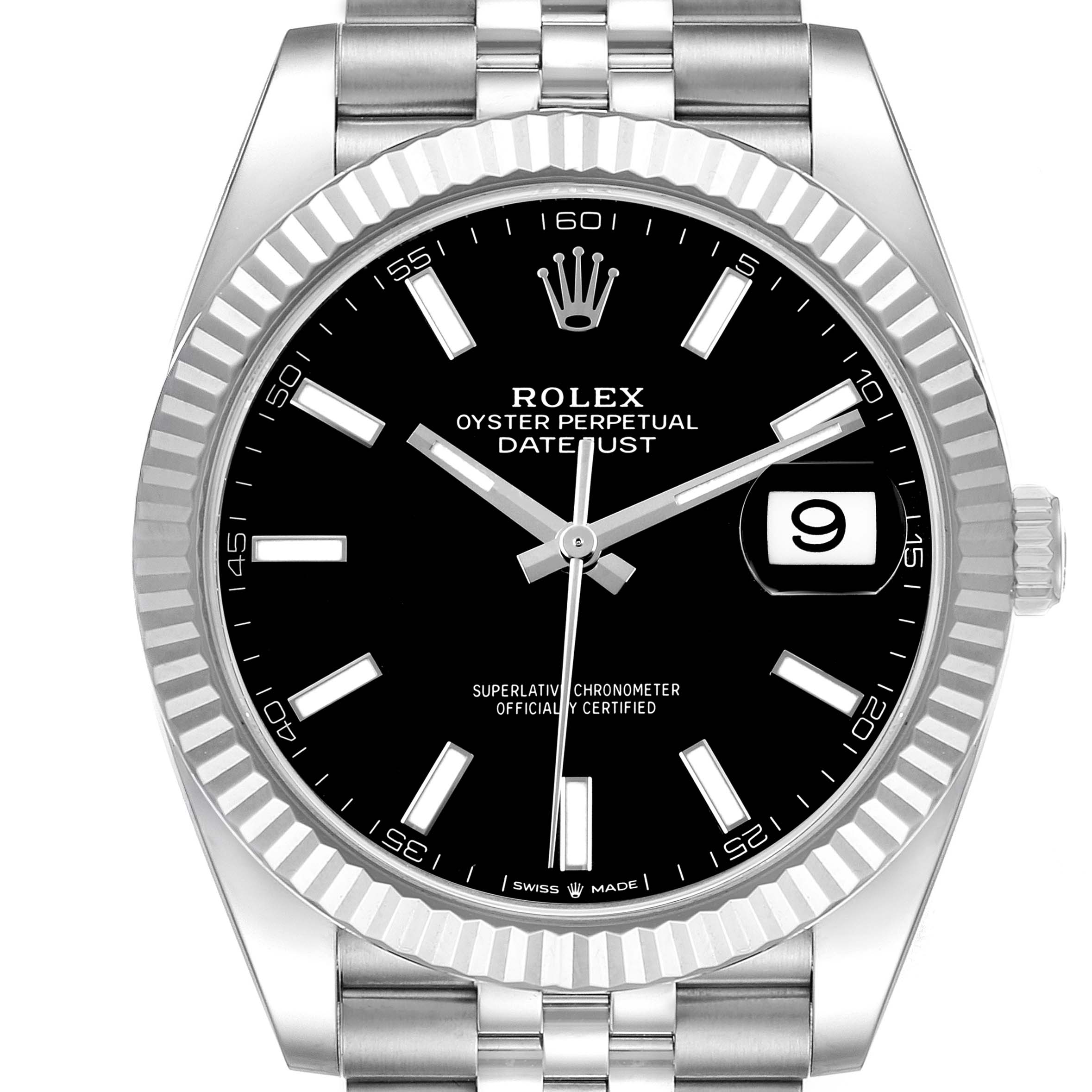 The Rolex Datejust 41 M126334-0018 Men's Stainless Steel Black Dial watch is shown from a front angle, displaying the dial, fluted bezel, case, and partial bracelet.