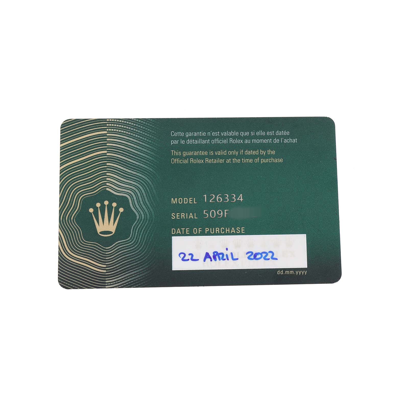 The image shows a warranty card for a Rolex Datejust 41 M126334-0018 Men's Stainless Steel Black Dial, displaying model and serial number details.
