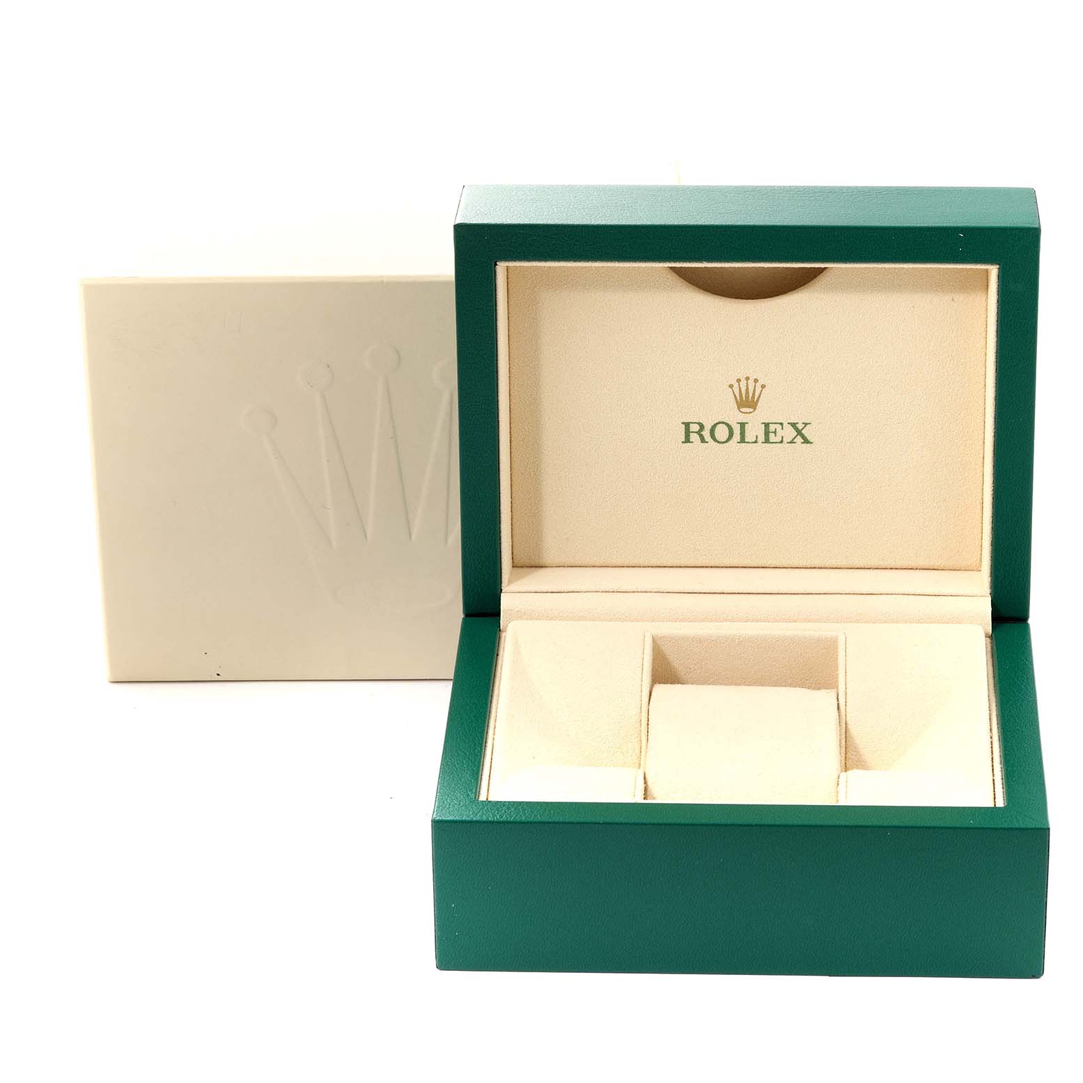 The image shows an open green Rolex box for the Datejust 41, with a beige interior displaying compartments and the Rolex logo.