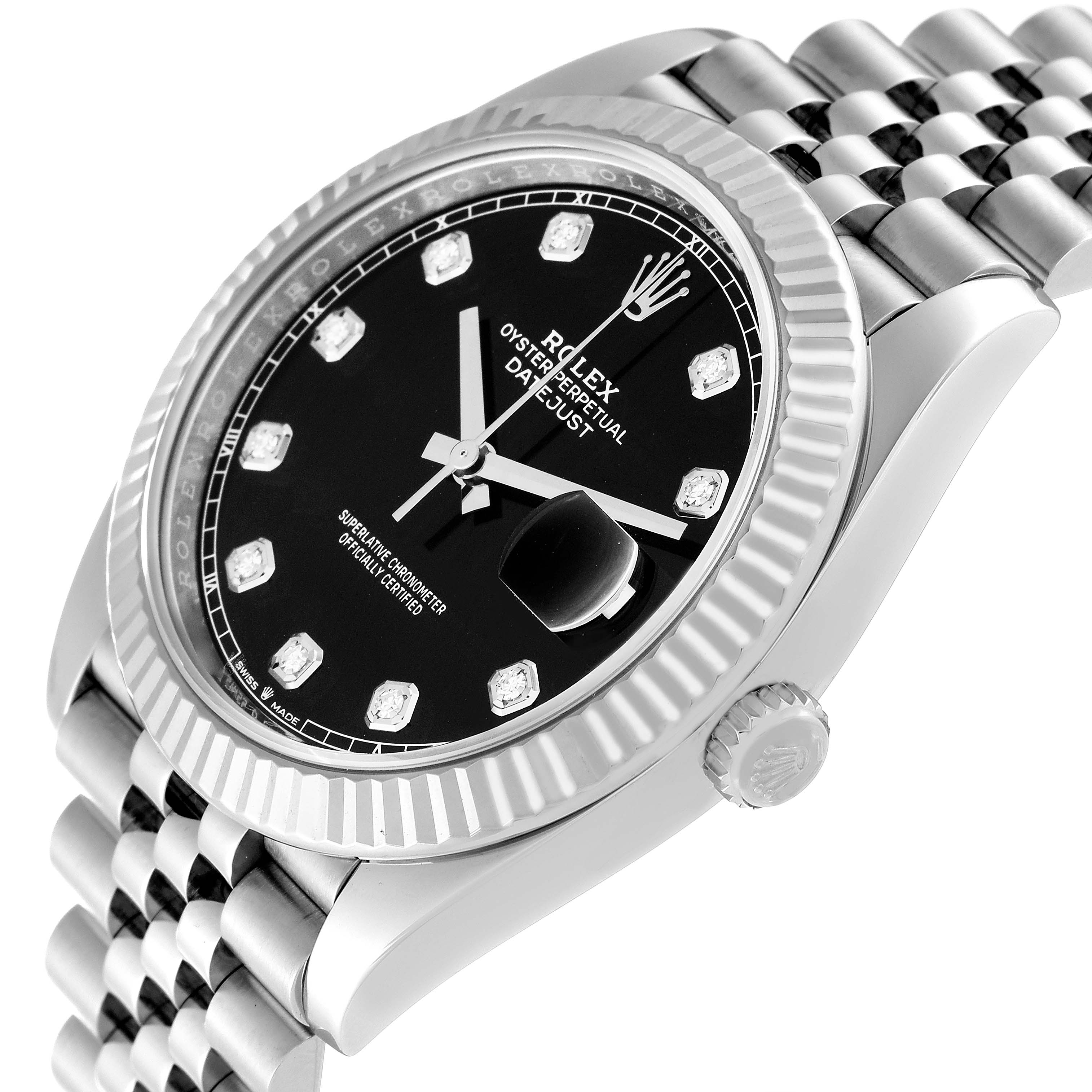 The Rolex Datejust 41 126334 Men
s Stainless Steel Black Dial 126334 Men
s Stainless Steel Black Dial watch is shown at an angle highlighting the black dial, fluted bezel, Jubilee bracelet, and crown.