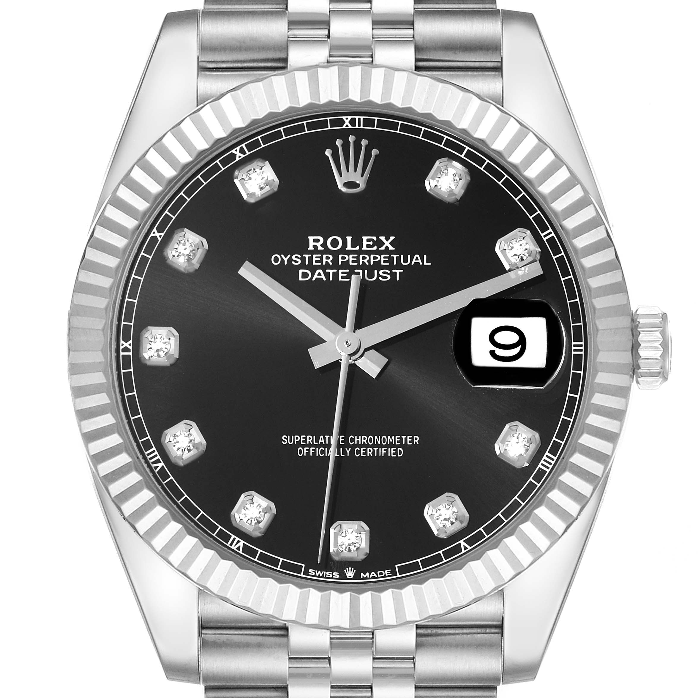The Rolex Datejust 41 126334 Men
s Stainless Steel Black Dial 126334 Men
s Stainless Steel Black Dial is shown from a top-down angle, highlighting the dial, bezel, and part of the bracelet.