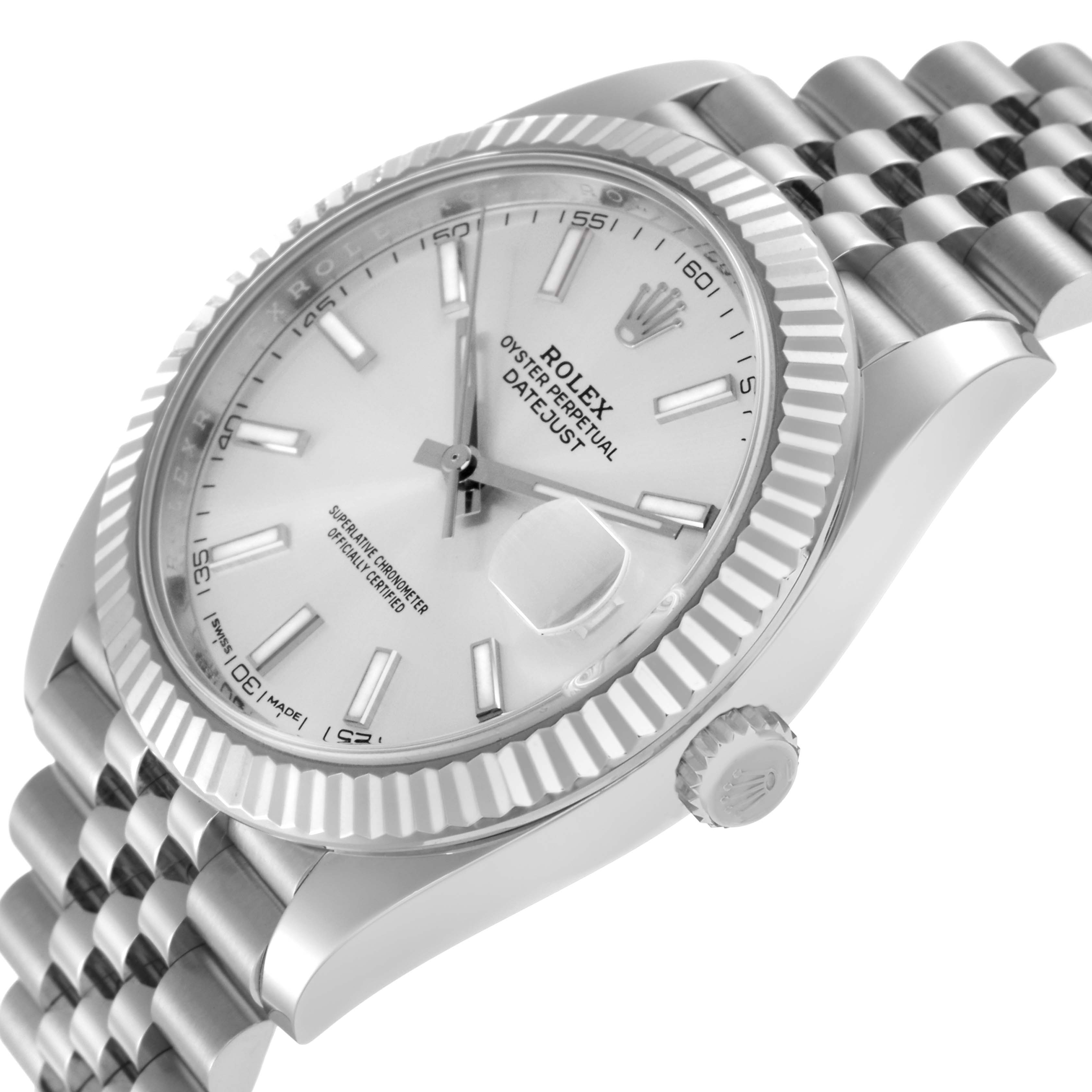 The Rolex Datejust 41 126334 Men
s Stainless Steel Silver Dial 126334 Men
s Stainless Steel Silver Dial is shown from an angled side view, highlighting the bezel, dial, and part of the bracelet.