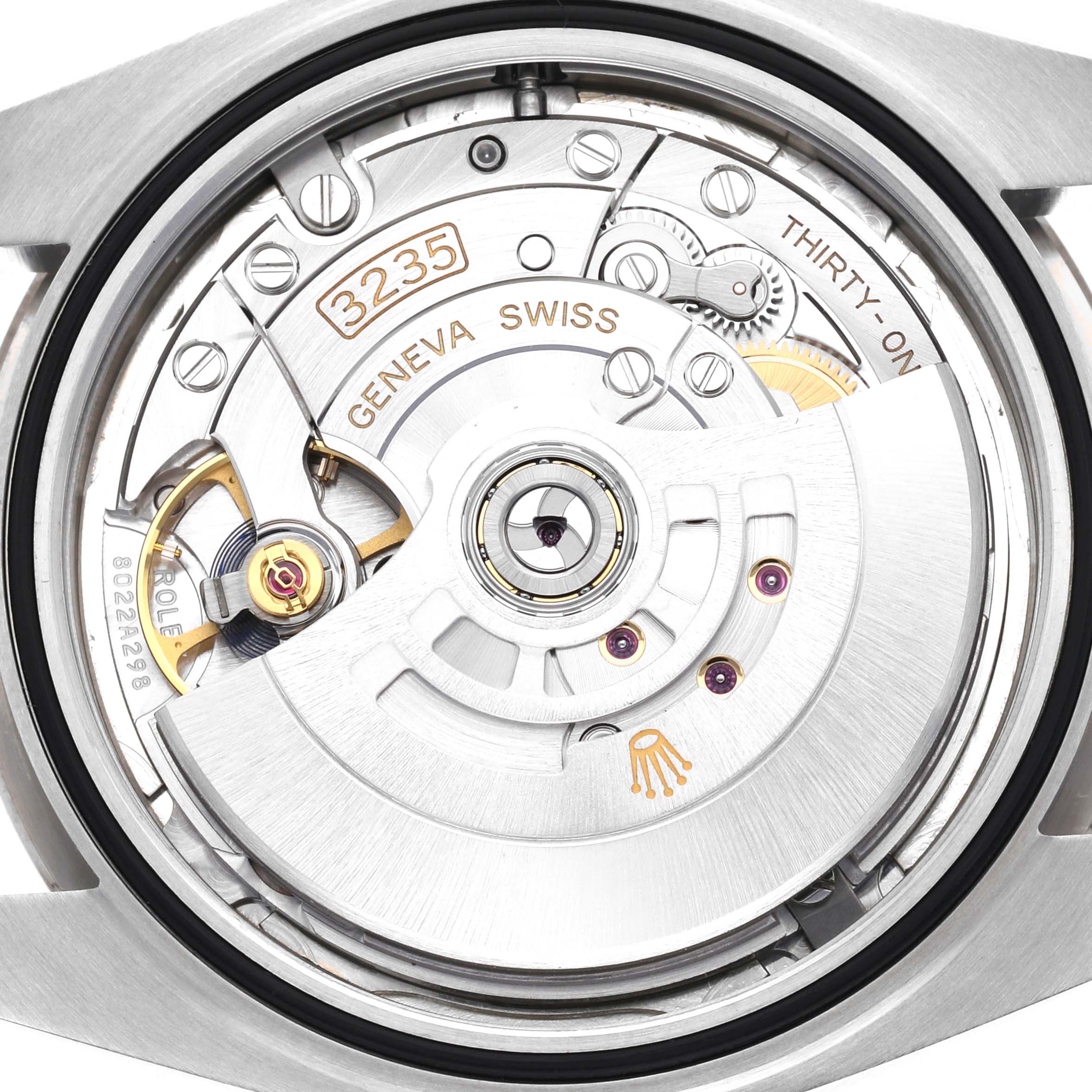 The image shows the rear view of the Rolex Datejust 41 126334 Men
s Stainless Steel Silver Dial 126334 Men
s Stainless Steel Silver Dial, displaying its intricate movement and rotor.