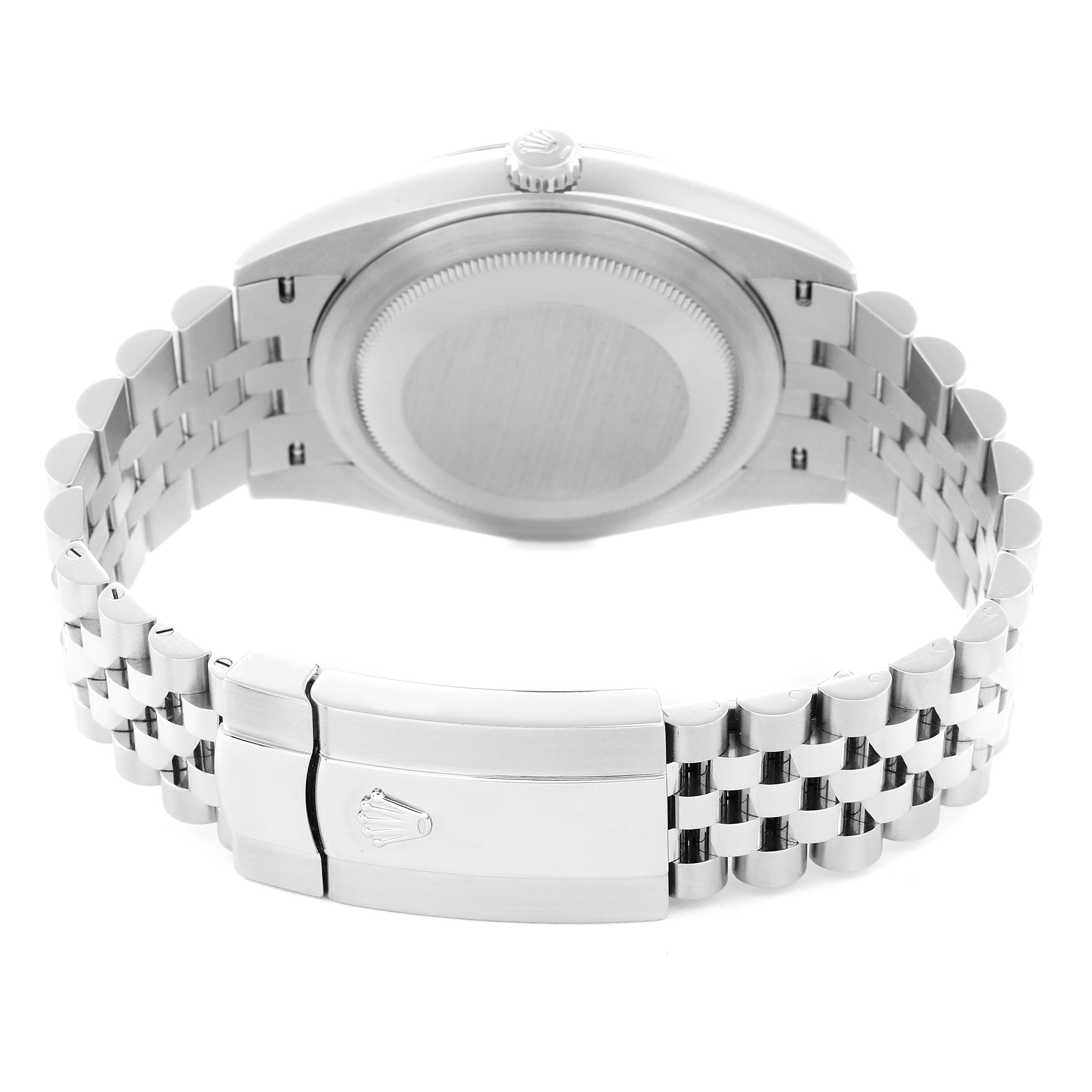 The image shows the back view of a Rolex Datejust 41 126334 Men
s Stainless Steel Silver Dial 126334 Men
s Stainless Steel Silver Dial, highlighting the case back and Jubilee bracelet with clasp.