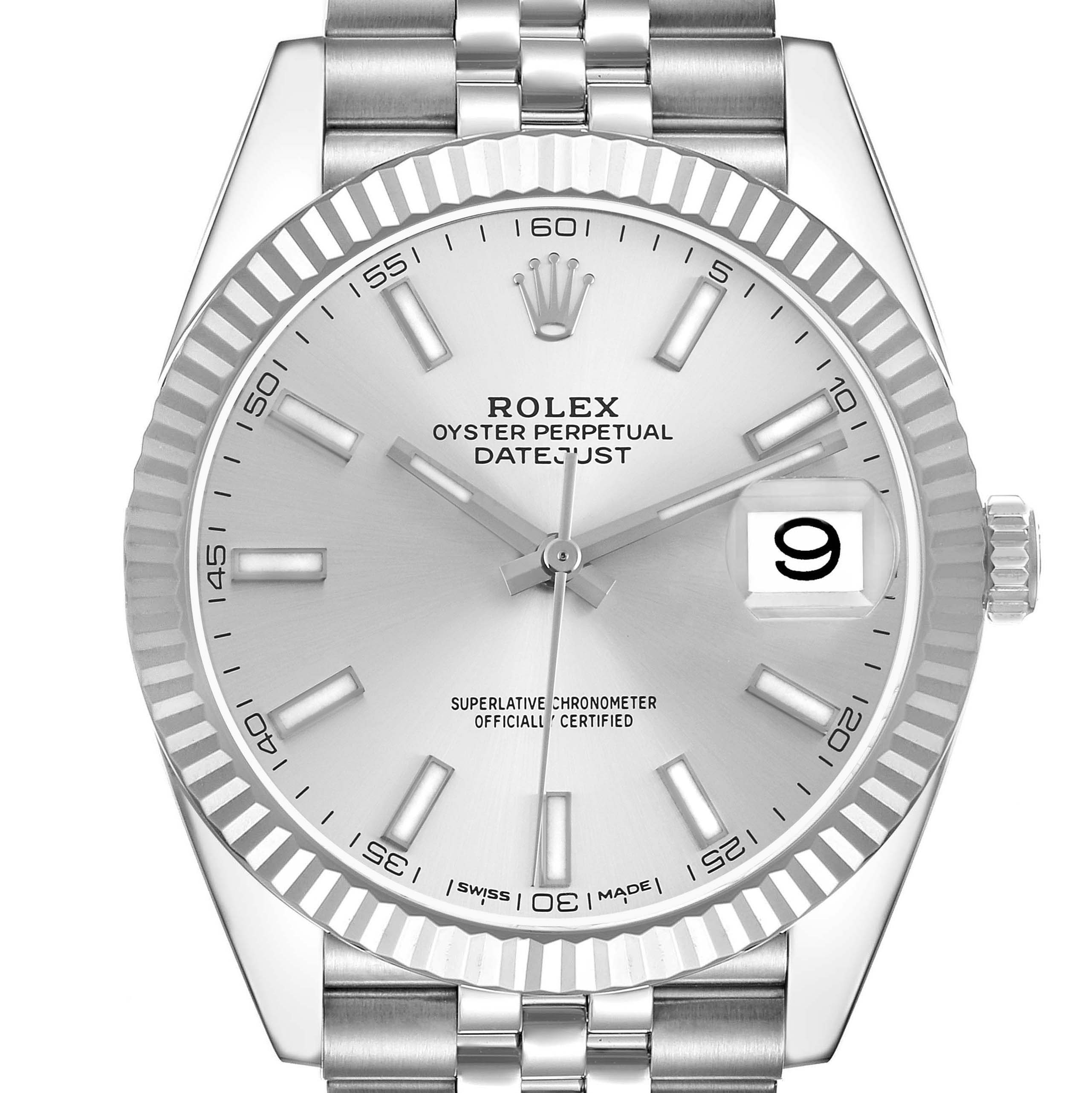 The Rolex Datejust 41 126334 Men
s Stainless Steel Silver Dial 126334 Men
s Stainless Steel Silver Dial is shown from a front angle, highlighting its silver dial, fluted bezel, and Jubilee bracelet.