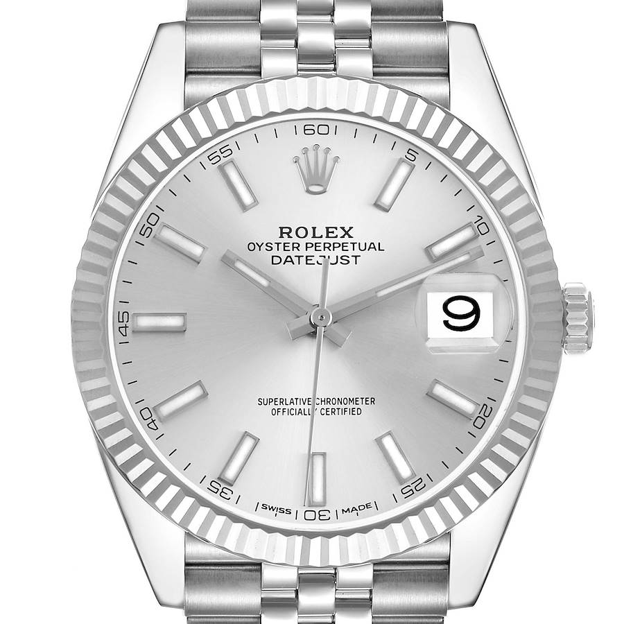 The Rolex Datejust 41 is shown from a front angle, highlighting its silver dial, fluted bezel, and Jubilee bracelet.
