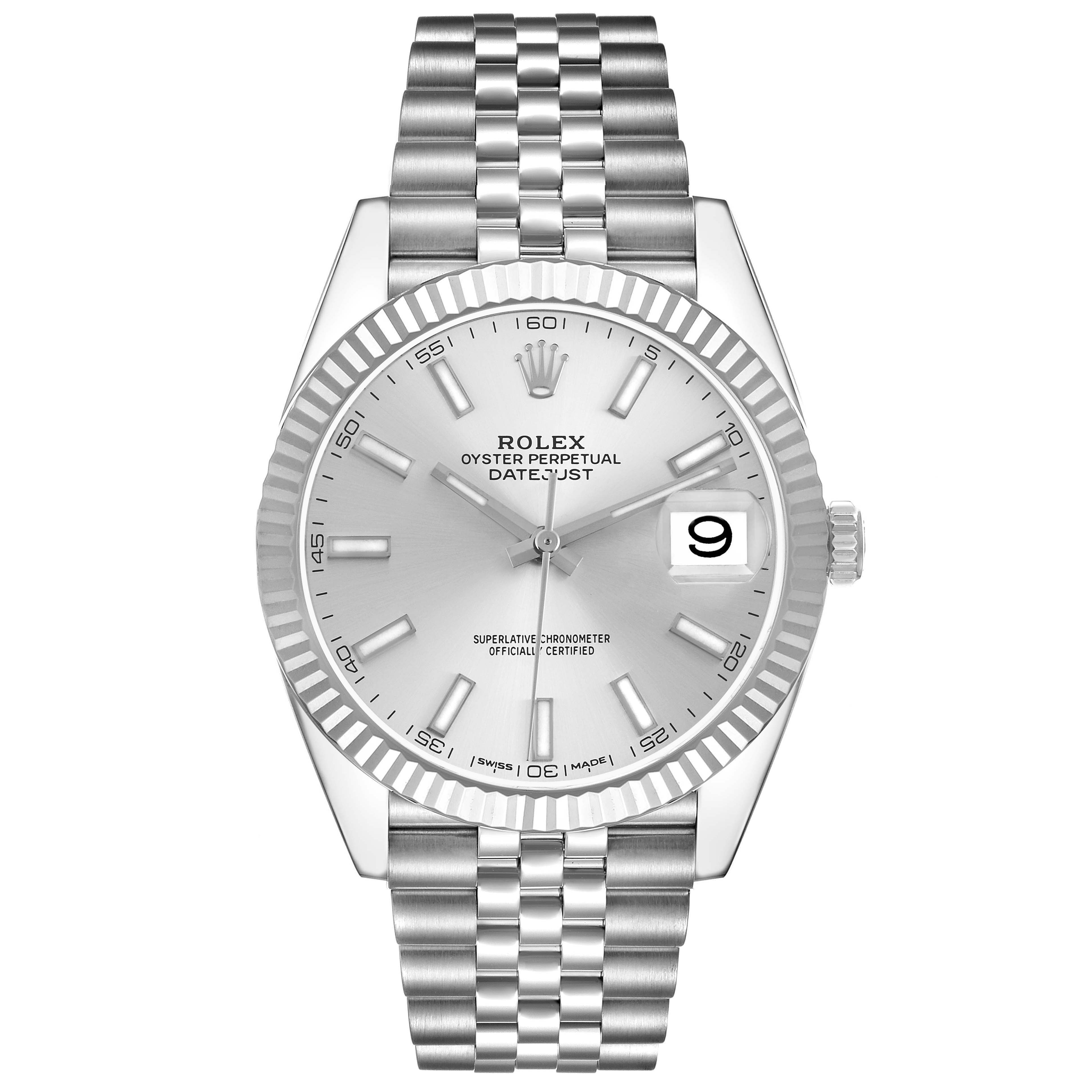 The image shows a front view of the Rolex Datejust 41 126334 Men
s Stainless Steel Silver Dial 126334 Men
s Stainless Steel Silver Dial, highlighting the dial, bracelet, and fluted bezel.