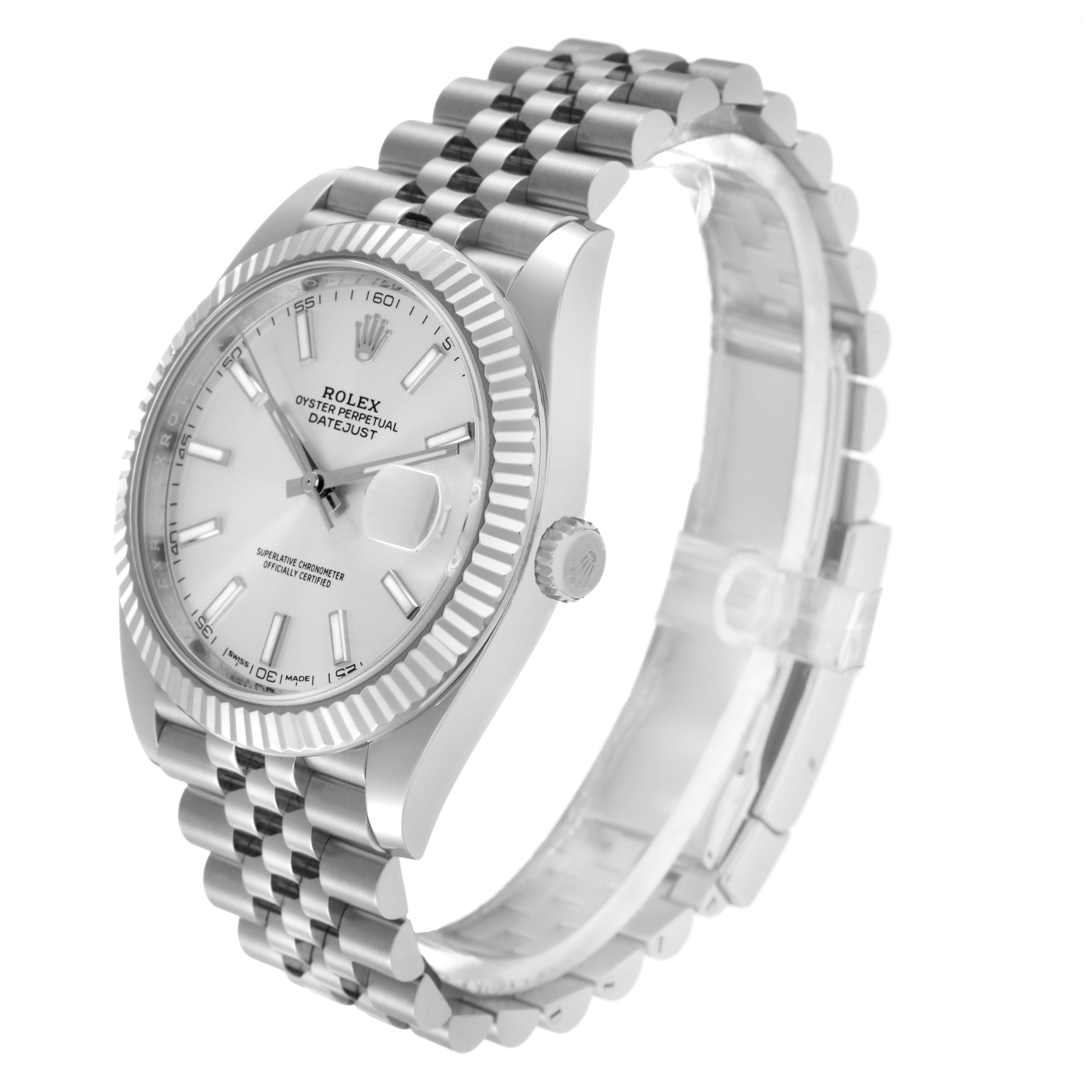 The Rolex Datejust 41 126334 Men
s Stainless Steel Silver Dial 126334 Men
s Stainless Steel Silver Dial watch is shown from an angled side view, highlighting the face, bezel, crown, and bracelet.