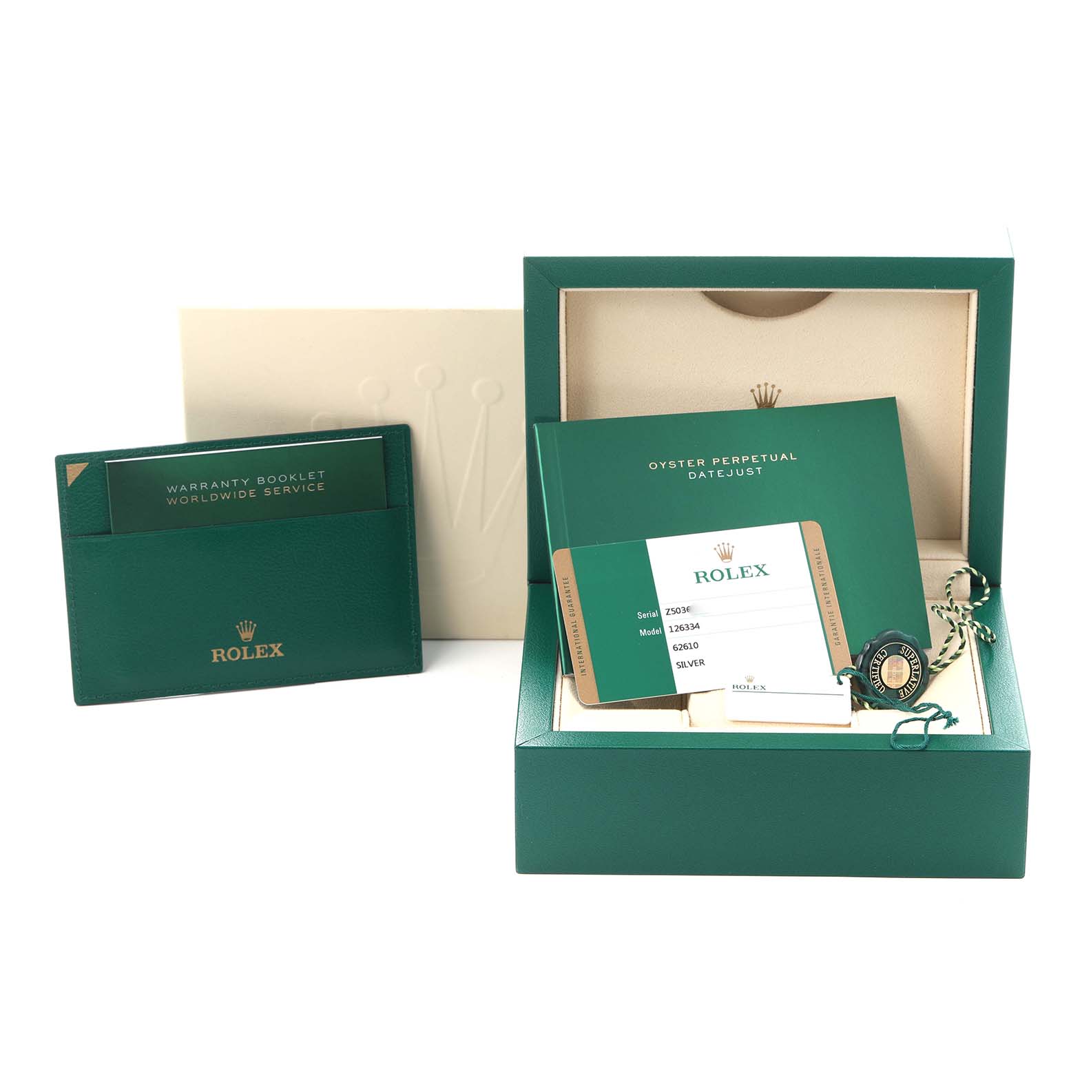 The image shows accessories for a Rolex Datejust 41 126334 Men
s Stainless Steel Silver Dial 126334 Men
s Stainless Steel Silver Dial, including a box, warranty booklet, and Best Quality
ation card.
