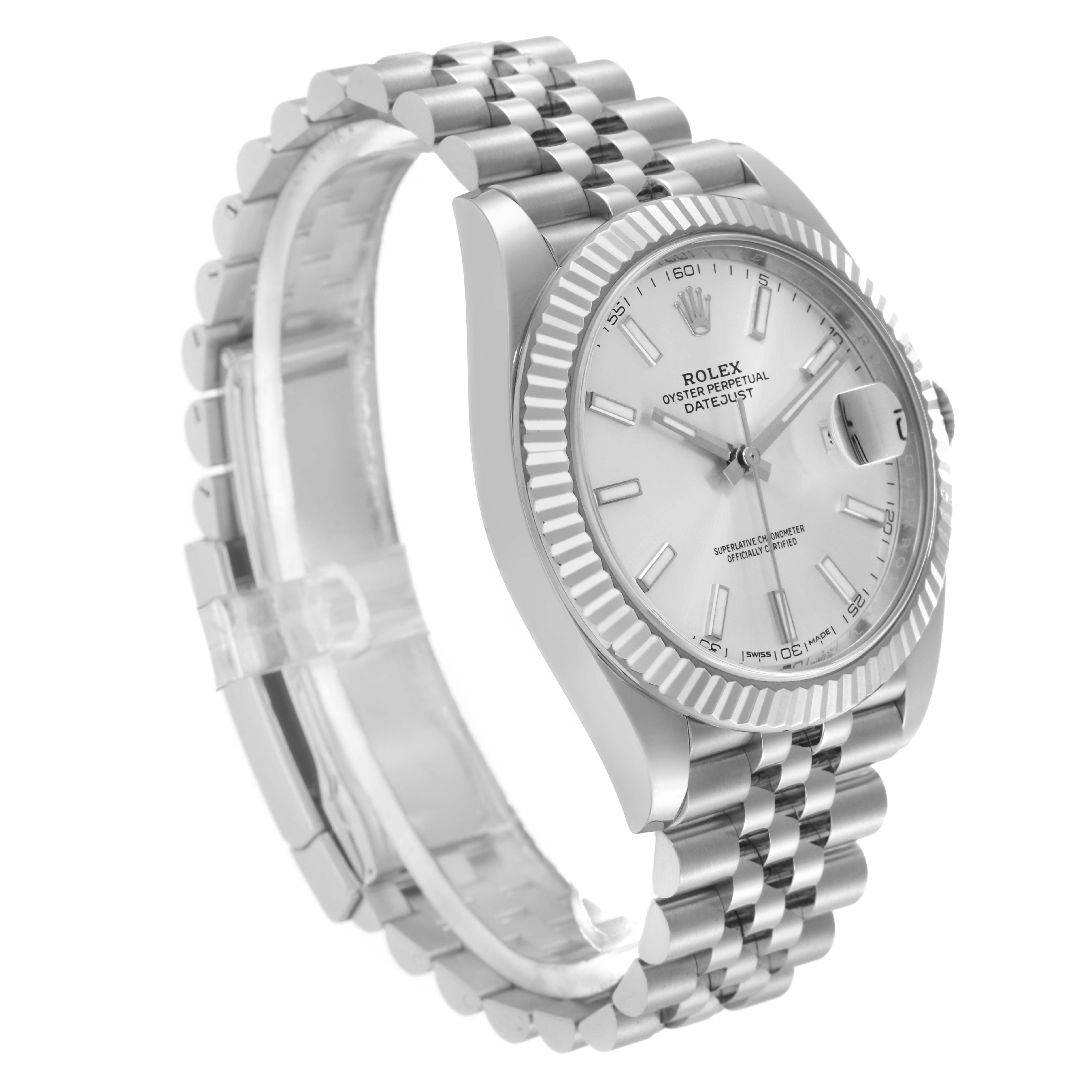 The Rolex Datejust 41 126334 Men
s Stainless Steel Silver Dial 126334 Men
s Stainless Steel Silver Dial watch is shown at a slight angle, displaying the face, fluted bezel, and portion of the bracelet.