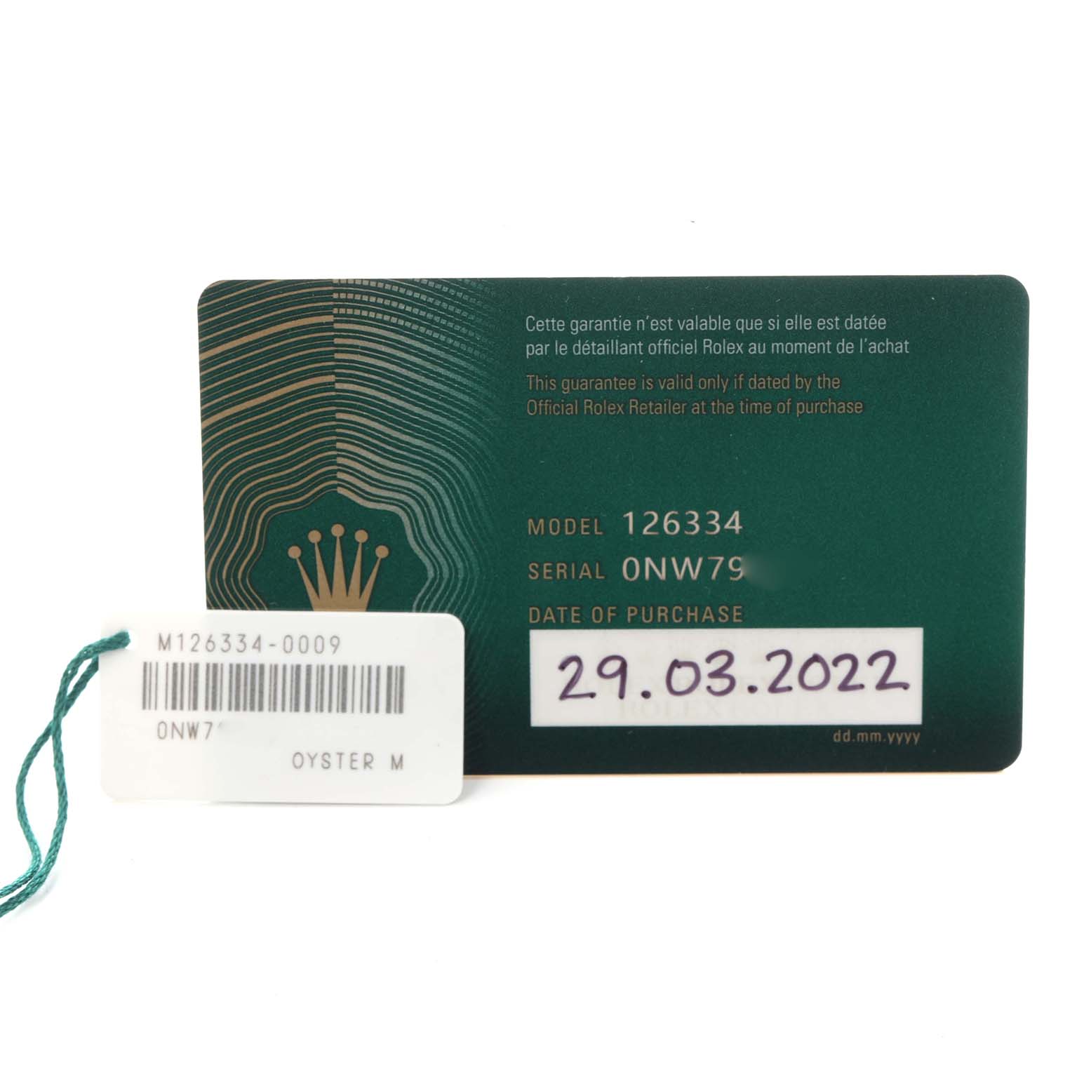 The image shows the warranty card and tag for a Rolex Datejust 41 126334 Men
s Stainless Steel White Dial 126334 Men
s Stainless Steel White Dial model.