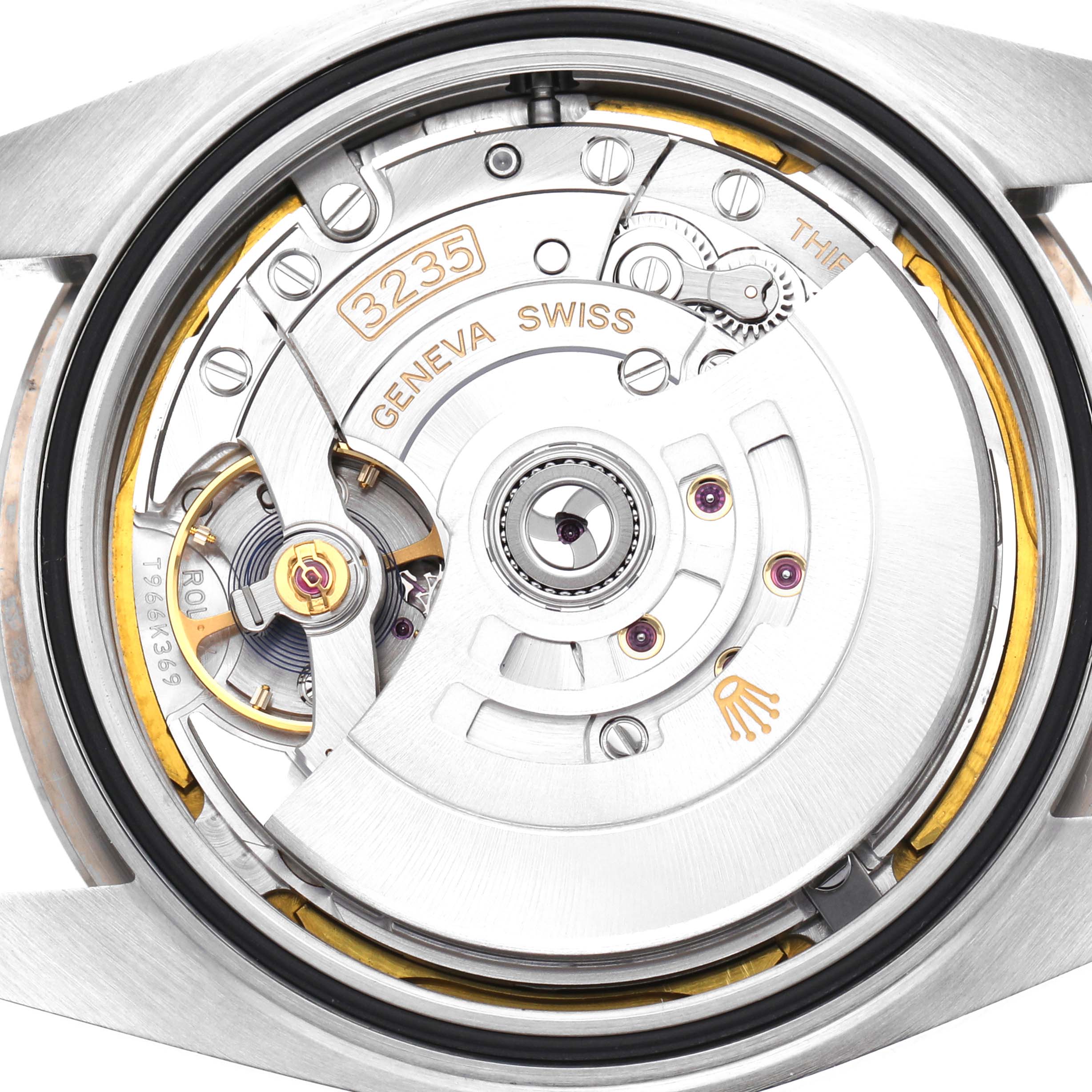 This image shows a close-up view of the movement inside the Rolex Datejust 41 126334 Men
s Stainless Steel White Dial 126334 Men
s Stainless Steel White Dial, highlighting its intricate mechanical parts.