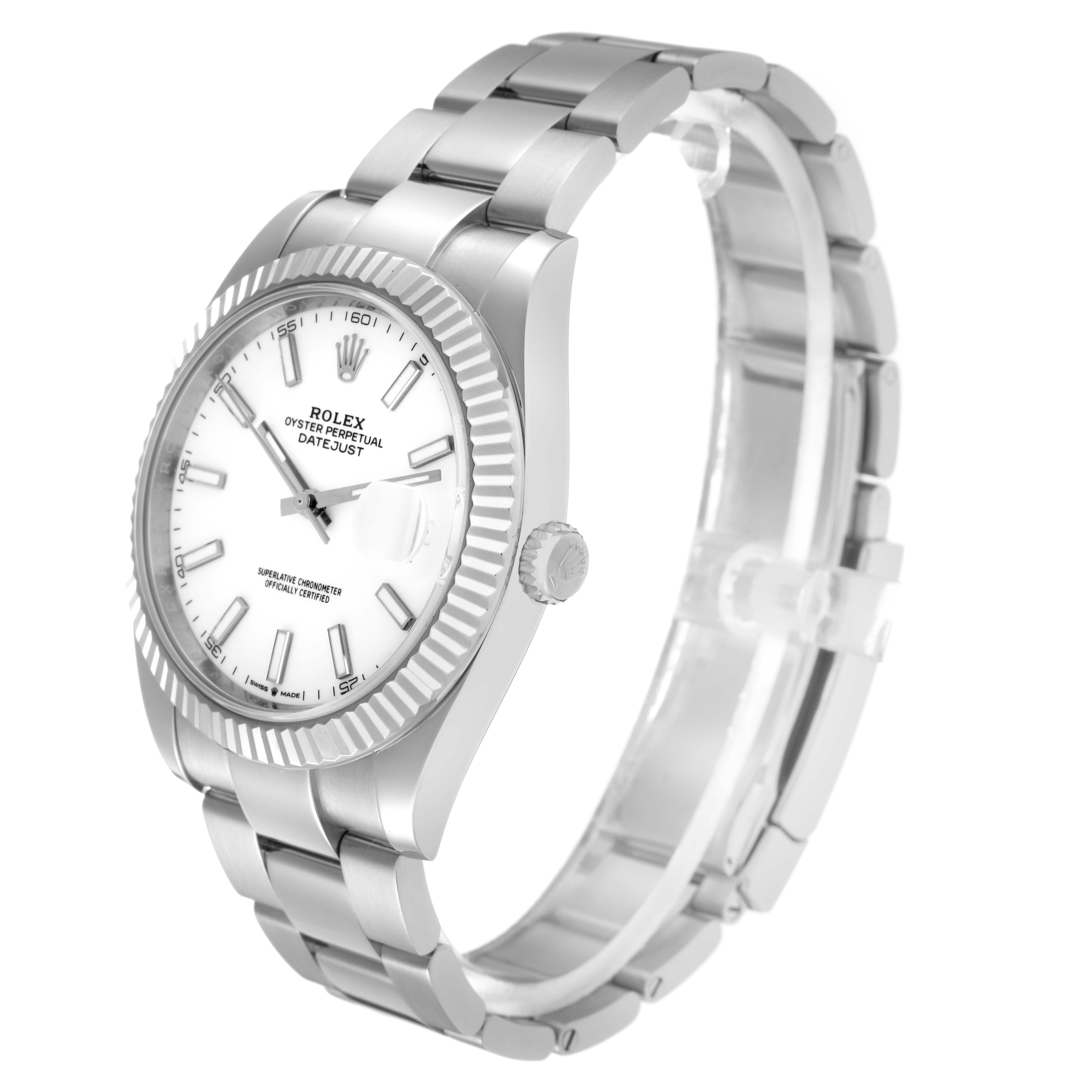 The Rolex Datejust 41 126334 Men
s Stainless Steel White Dial 126334 Men
s Stainless Steel White Dial is shown at a three-quarter angle, highlighting the dial, bezel, crown, and part of the bracelet.