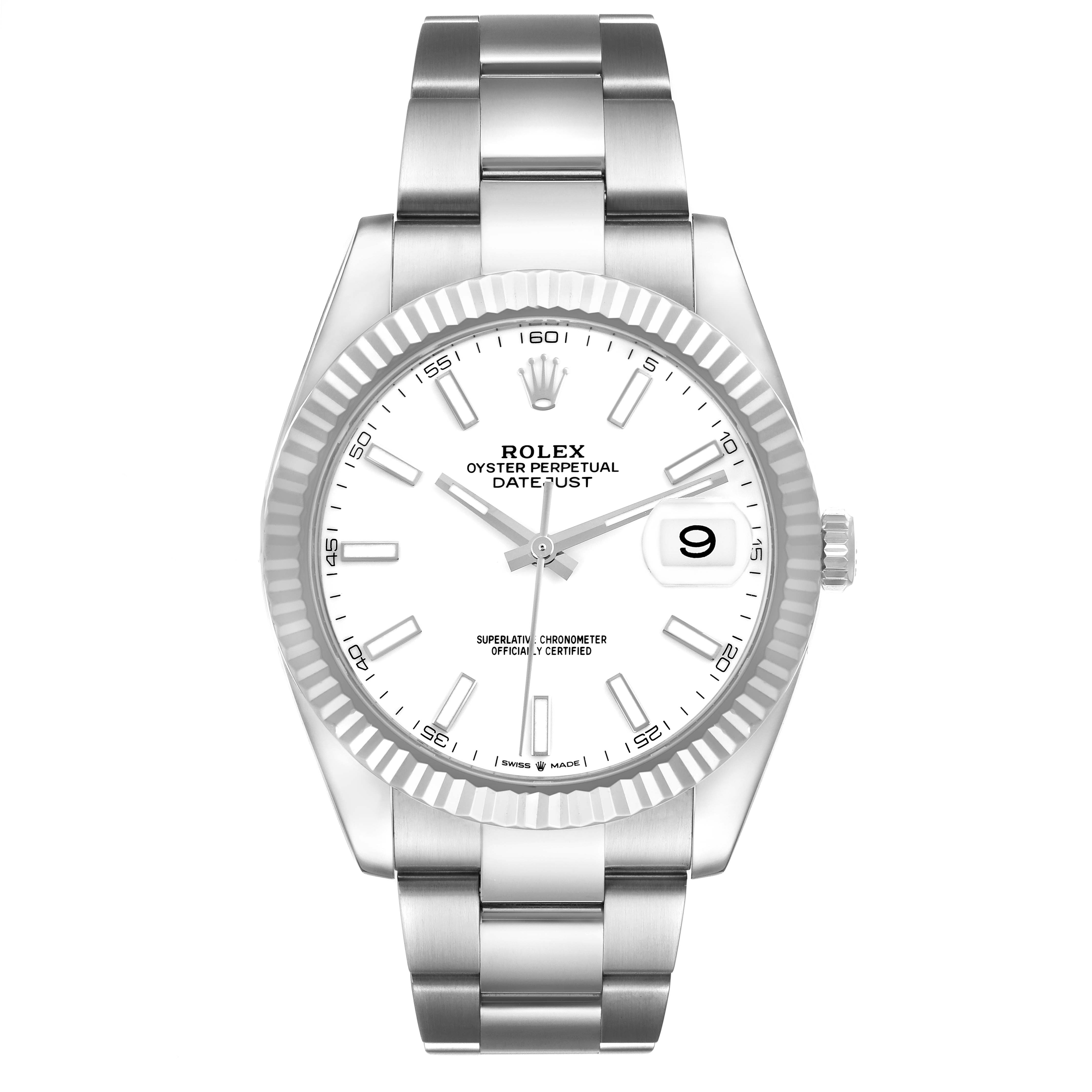 The image shows a front view of the Rolex Datejust 41 126334 Men
s Stainless Steel White Dial 126334 Men
s Stainless Steel White Dial watch, featuring its full face, fluted bezel, and bracelet.