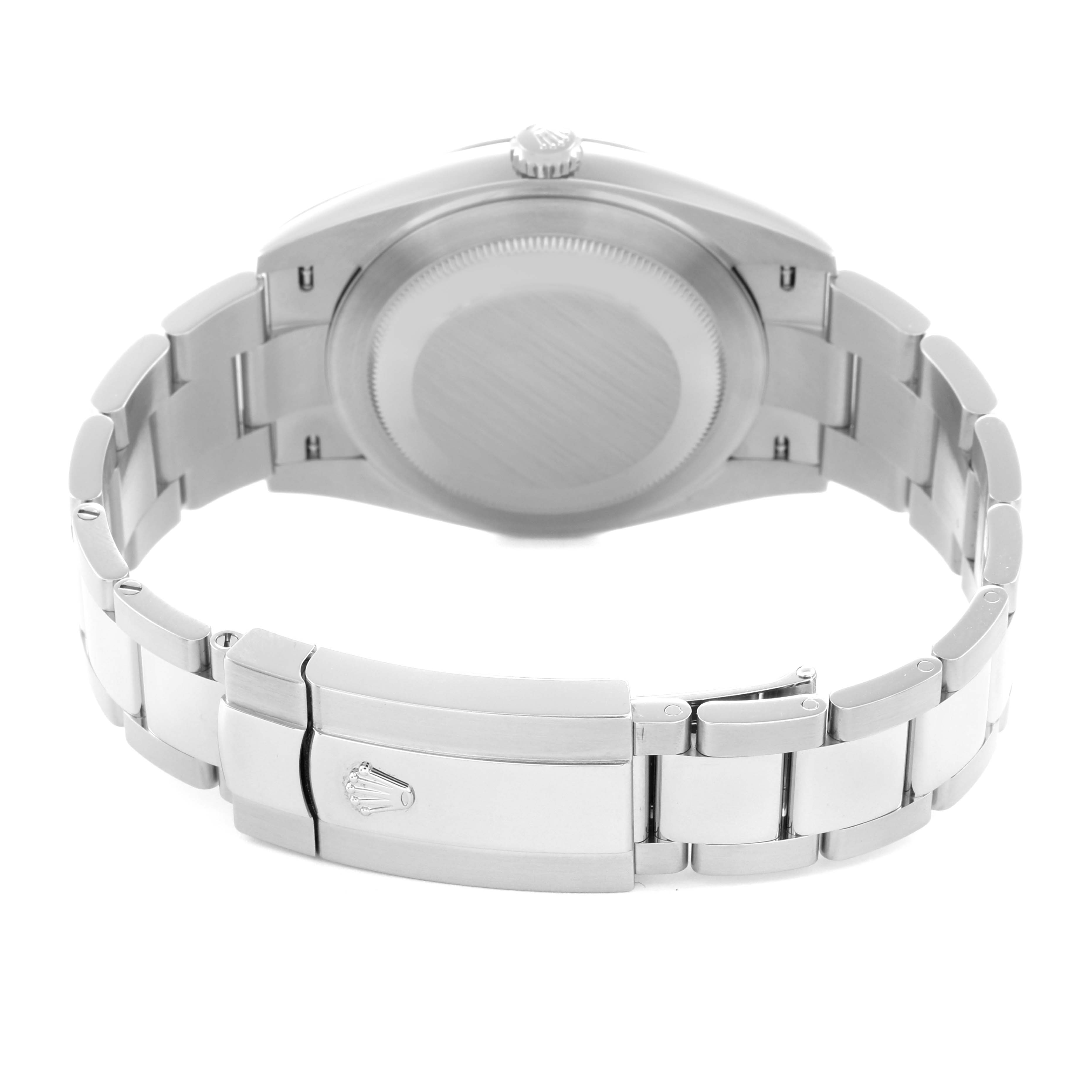 The image shows the back view of a Rolex Datejust 41 126334 Men
s Stainless Steel White Dial 126334 Men
s Stainless Steel White Dial, highlighting the case, bracelet, and clasp with the Rolex logo.