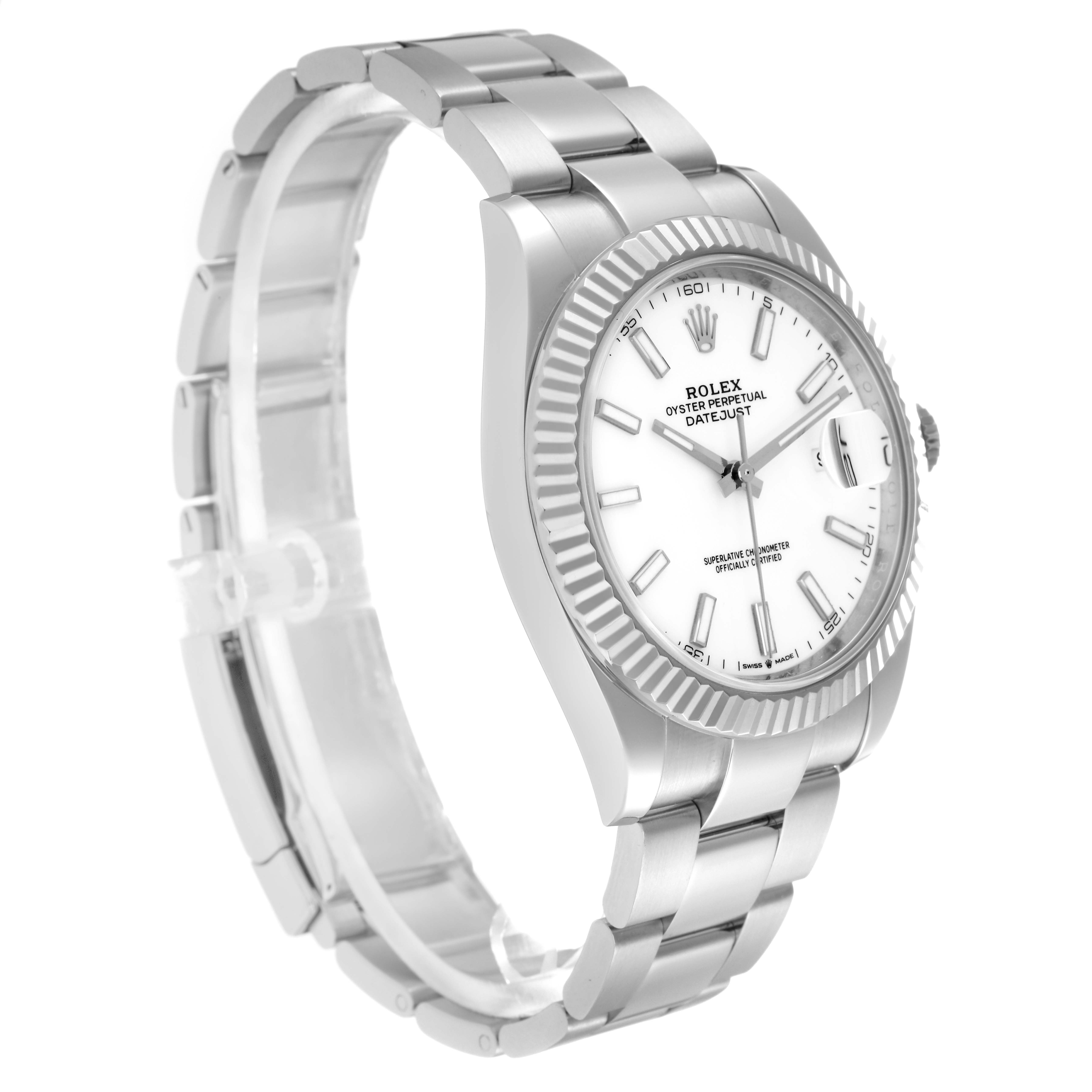 The Rolex Datejust 41 126334 Men
s Stainless Steel White Dial 126334 Men
s Stainless Steel White Dial is shown from a three-quarter angle, highlighting its fluted bezel, dial, and Oyster bracelet.