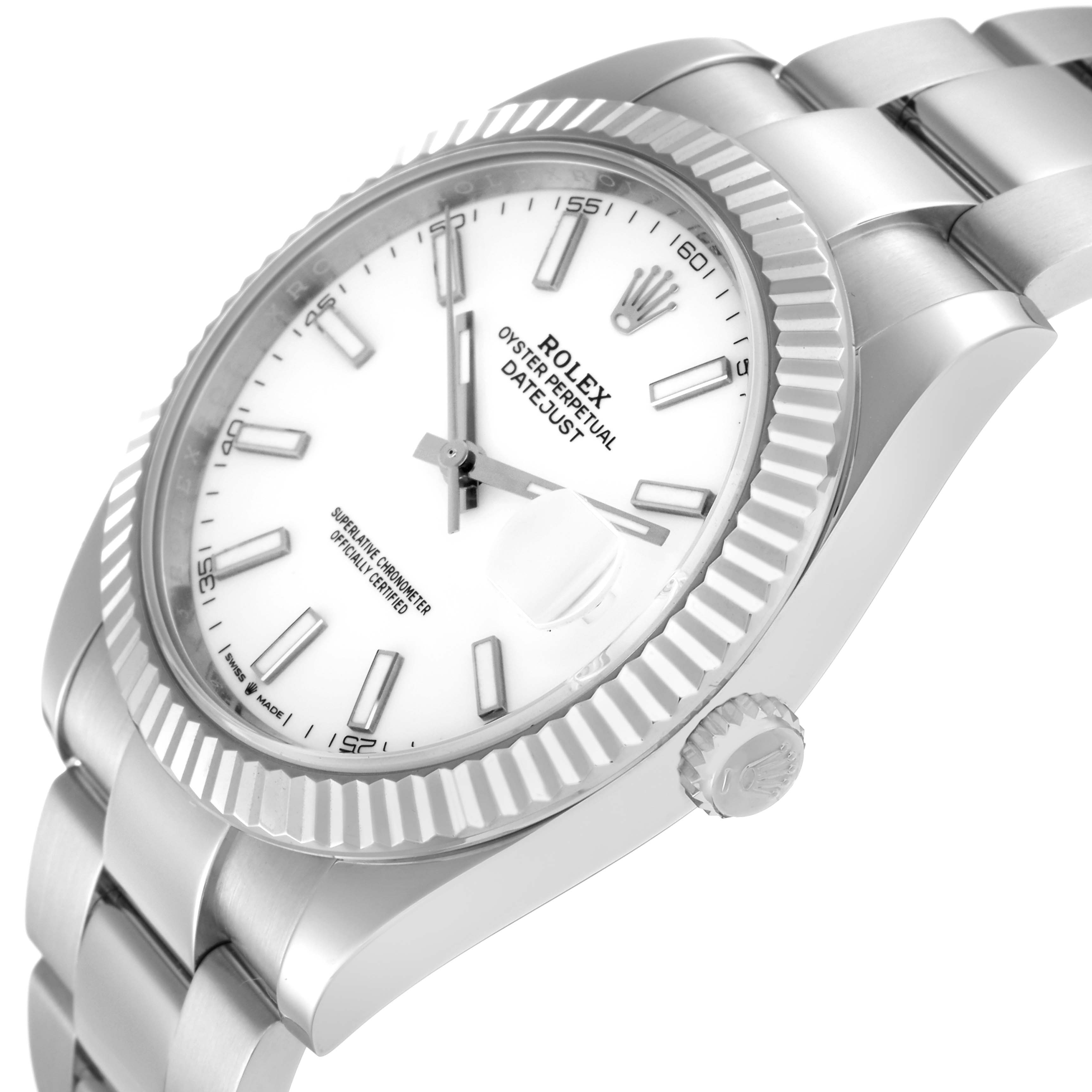 The Rolex Datejust 41 126334 Men
s Stainless Steel White Dial 126334 Men
s Stainless Steel White Dial is shown at a three-quarter angle, displaying the dial, fluted bezel, bracelet, and crown.