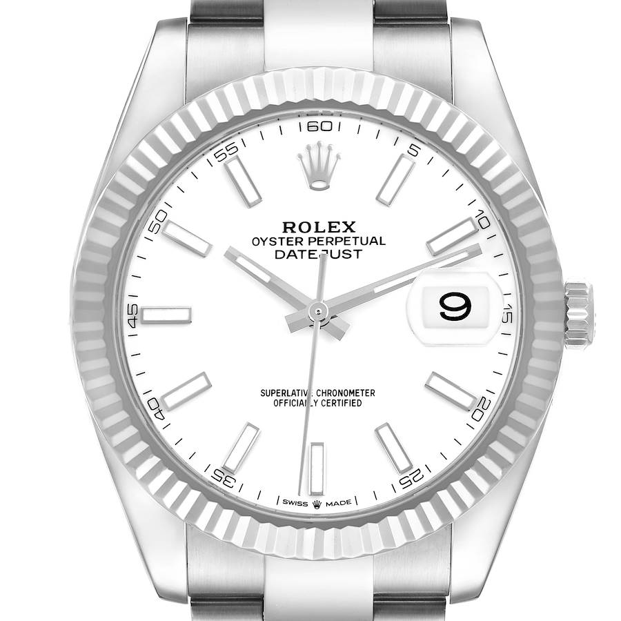 The image shows a front view of the Rolex Datejust 41, featuring the dial, bezel, and part of the bracelet.