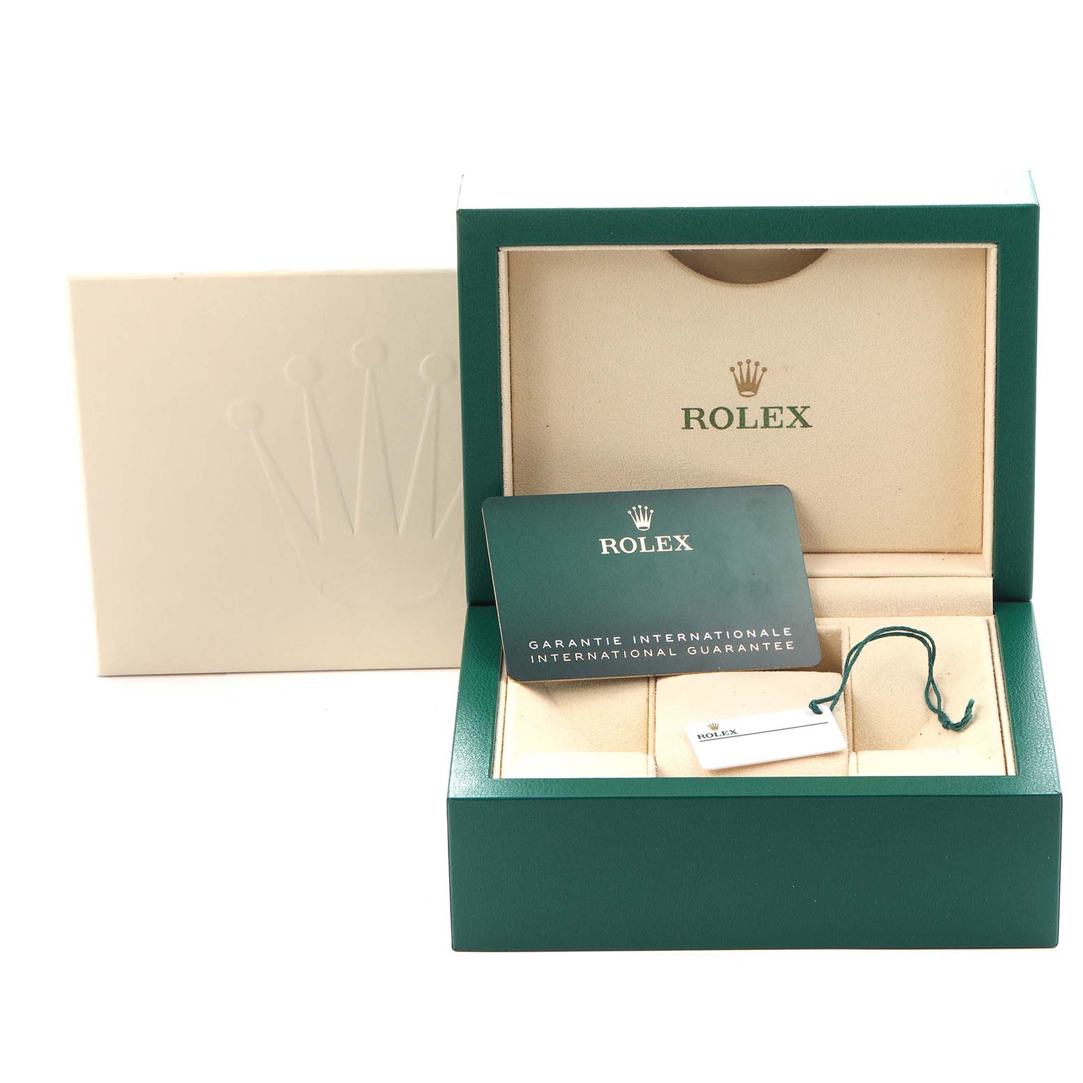 The image shows a Rolex Datejust 41 126334 Men
s Stainless Steel White Dial 126334 Men
s Stainless Steel White Dial box, warranty card, and a hang tag, with the lid open and displayed from the front.