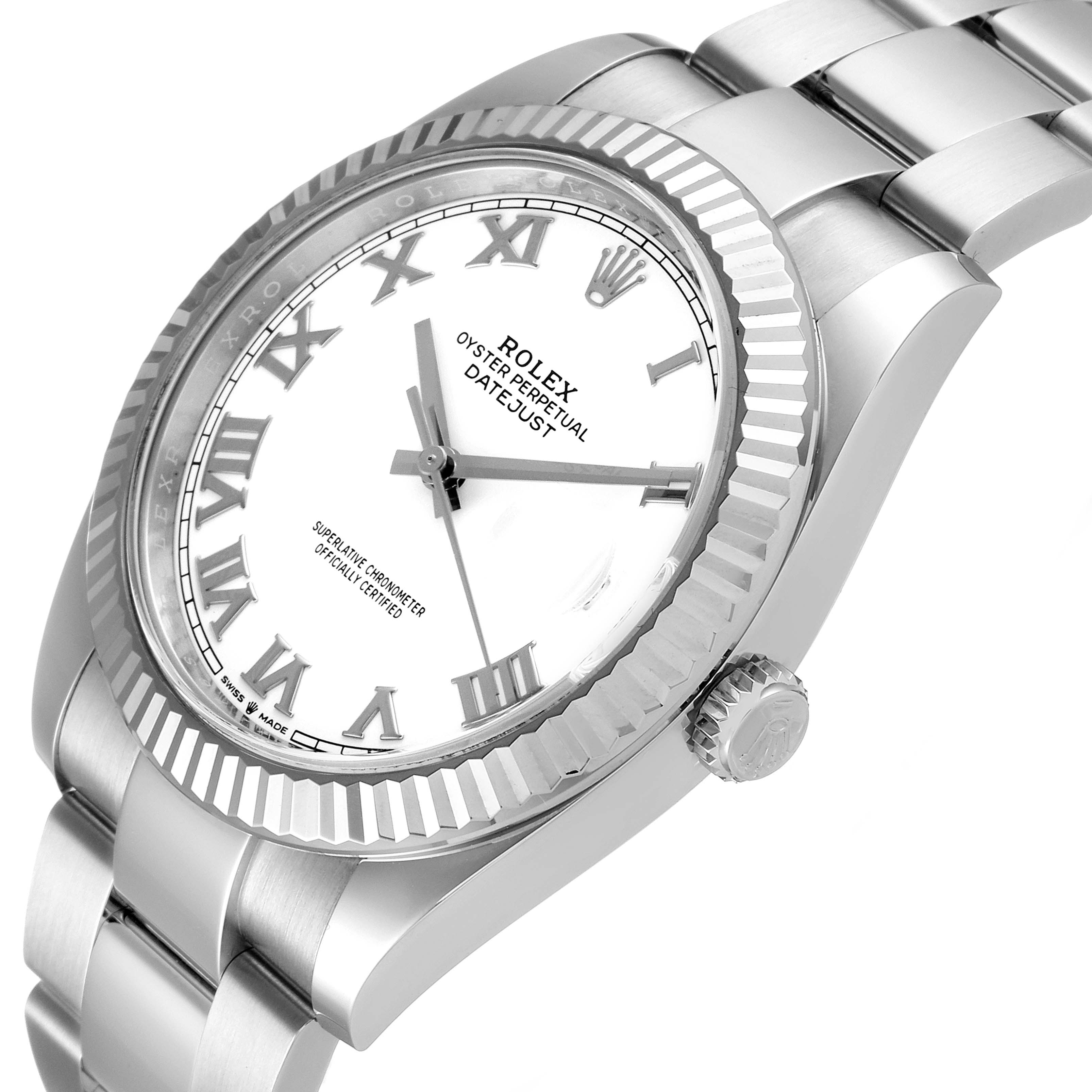 The image shows a side view angle of the Rolex Datejust 41 126334 Men
s Stainless Steel White Dial 126334 Men
s Stainless Steel White Dial watch, highlighting the silver dial, bezel, and part of the bracelet.