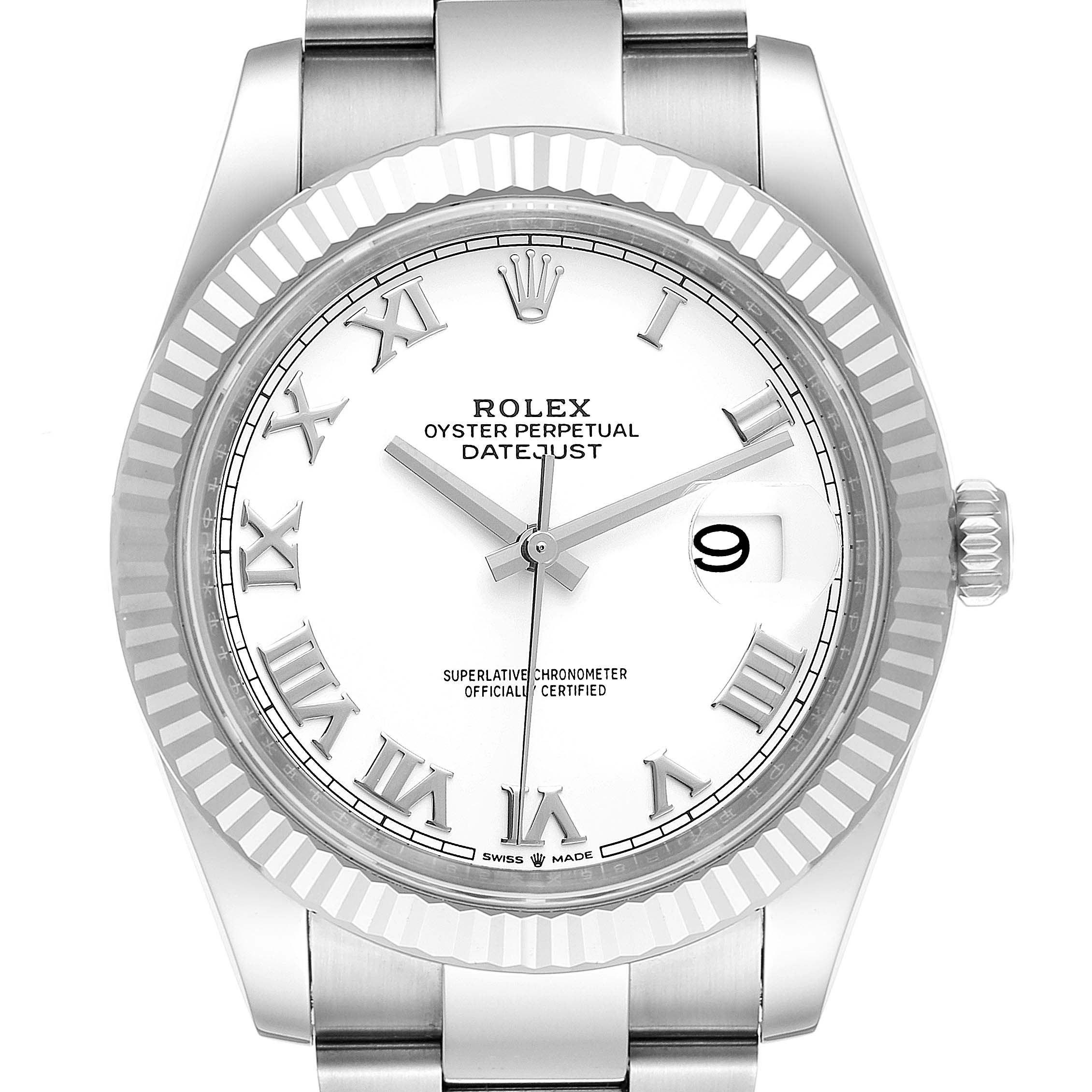 The image shows a front view of a Rolex Datejust 41 126334 Men
s Stainless Steel White Dial 126334 Men
s Stainless Steel White Dial watch, highlighting its dial, hands, Roman numerals, bezel, and bracelet.