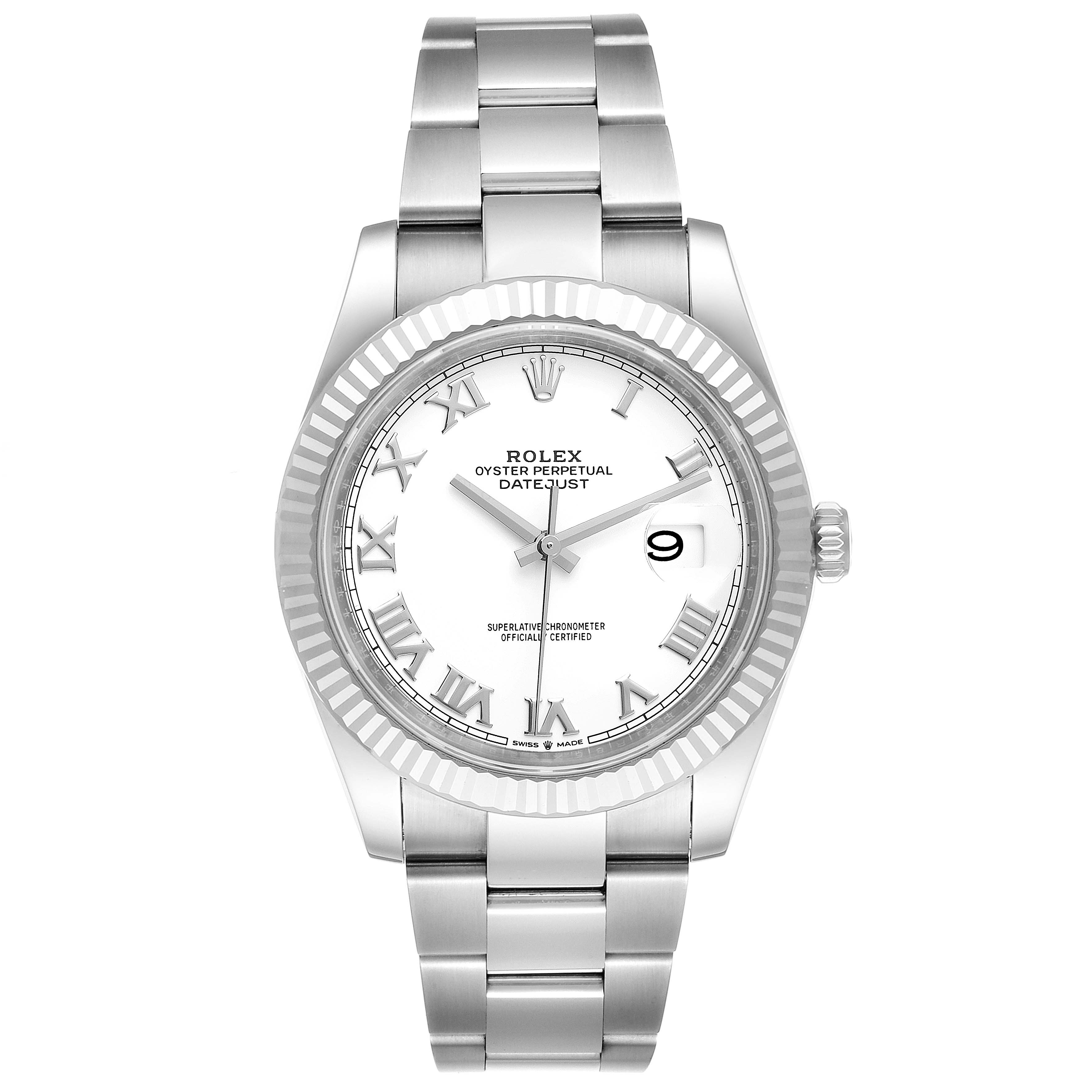 The image shows a Rolex Datejust 41 126334 Men
s Stainless Steel White Dial 126334 Men
s Stainless Steel White Dial watch from a front angle, displaying its dial, Roman numerals, bezel, and bracelet.