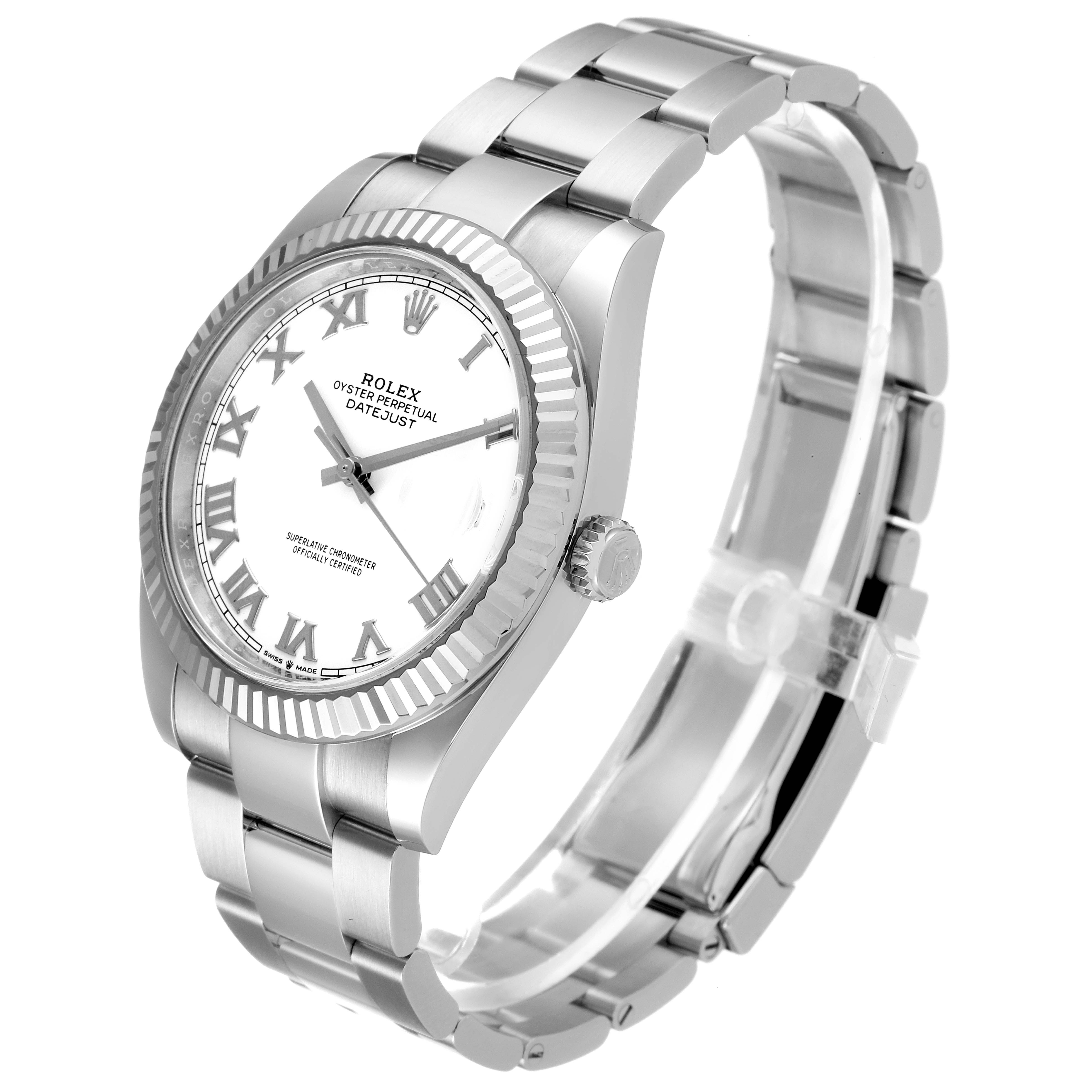 The image shows a side angle of the Rolex Datejust 41 126334 Men
s Stainless Steel White Dial 126334 Men
s Stainless Steel White Dial model, displaying the dial, bezel, crown, and bracelet.
