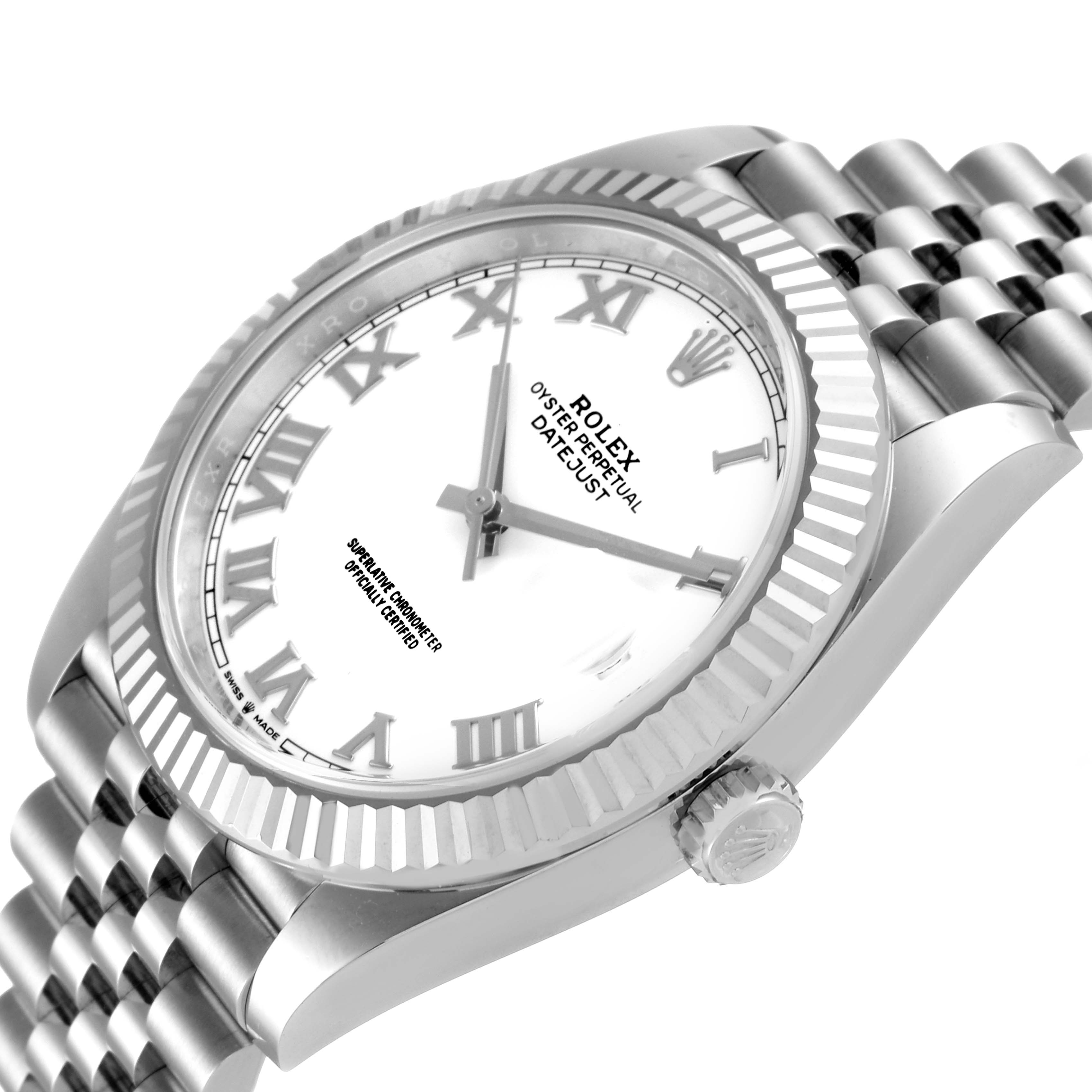 The image shows a close-up angled view of the Rolex Datejust 41 126334 Men's Stainless Steel White Dial 126334 Men's Stainless Steel White Dial, highlighting the dial, bezel, crown, and part of the bracelet.