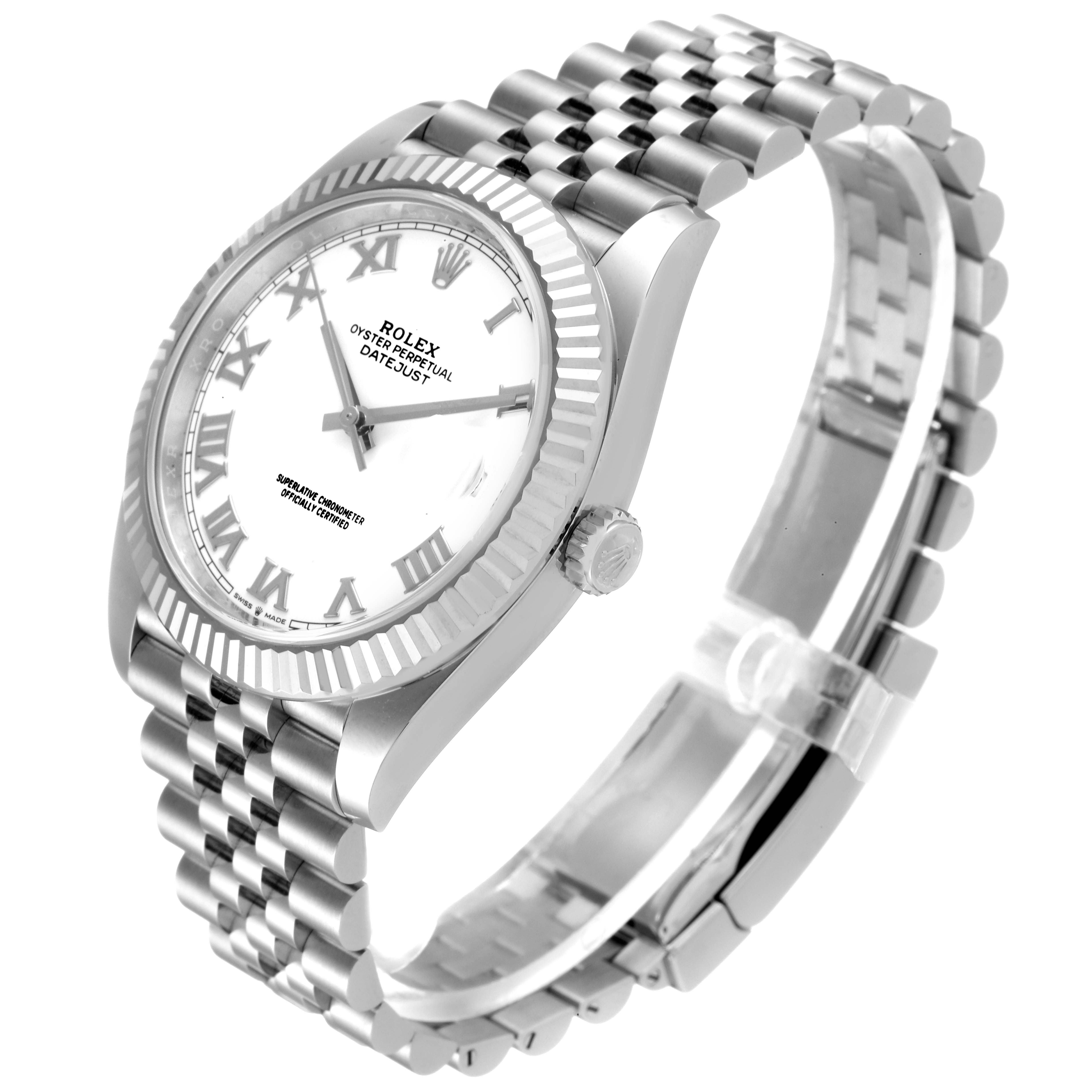 This image shows a side angle of a Rolex Datejust 41 126334 Men's Stainless Steel White Dial 126334 Men's Stainless Steel White Dial watch, highlighting the face, bezel, crown, and bracelet.