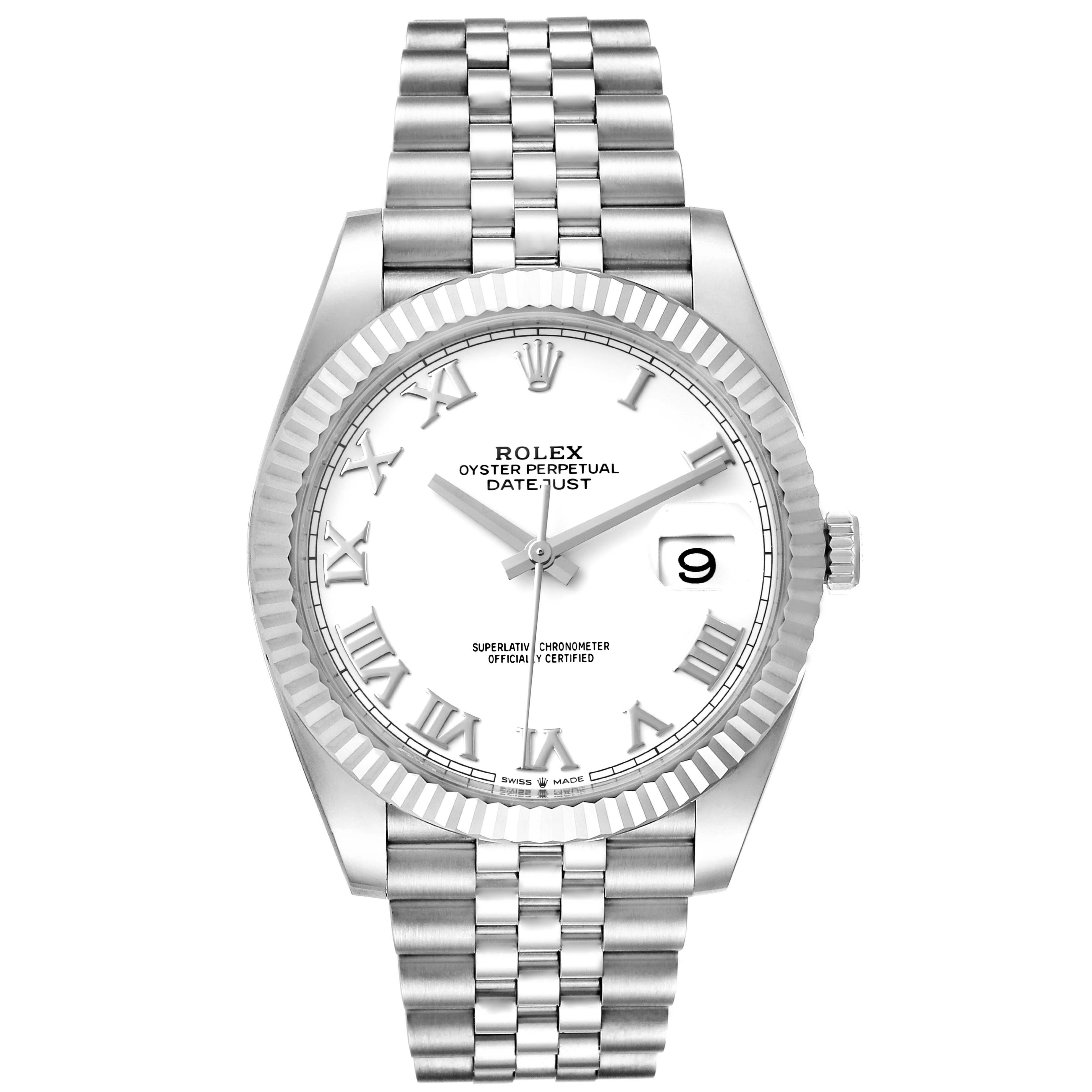 The Rolex Datejust 41 126334 Men's Stainless Steel White Dial 126334 Men's Stainless Steel White Dial watch is shown from the front, displaying its dial, bezel, hands, date window, and bracelet.