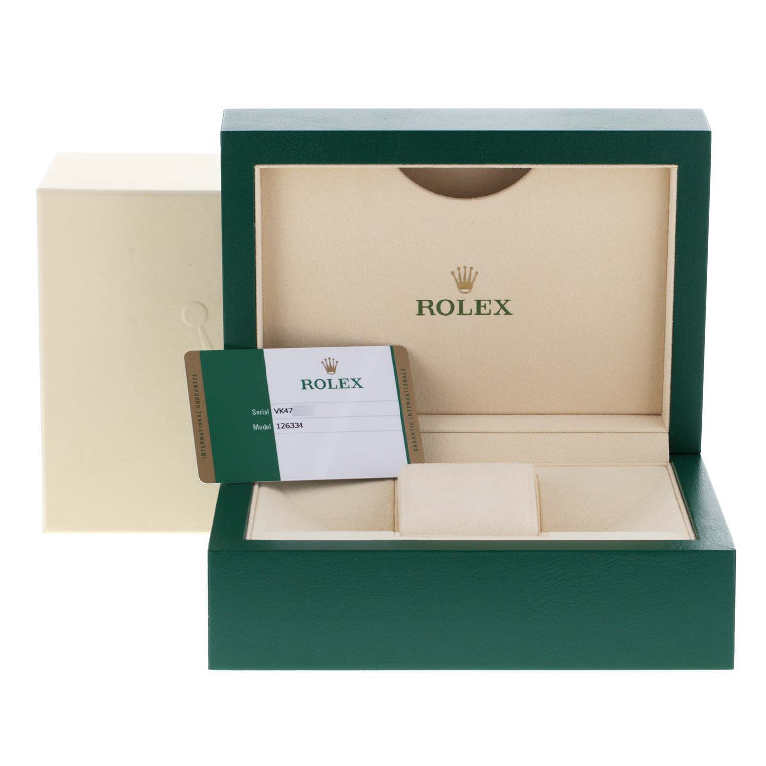 The image shows the open box and authenticity card for a Rolex Datejust 41 126334 Men's Stainless Steel White Dial 126334 Men's Stainless Steel White Dial.
