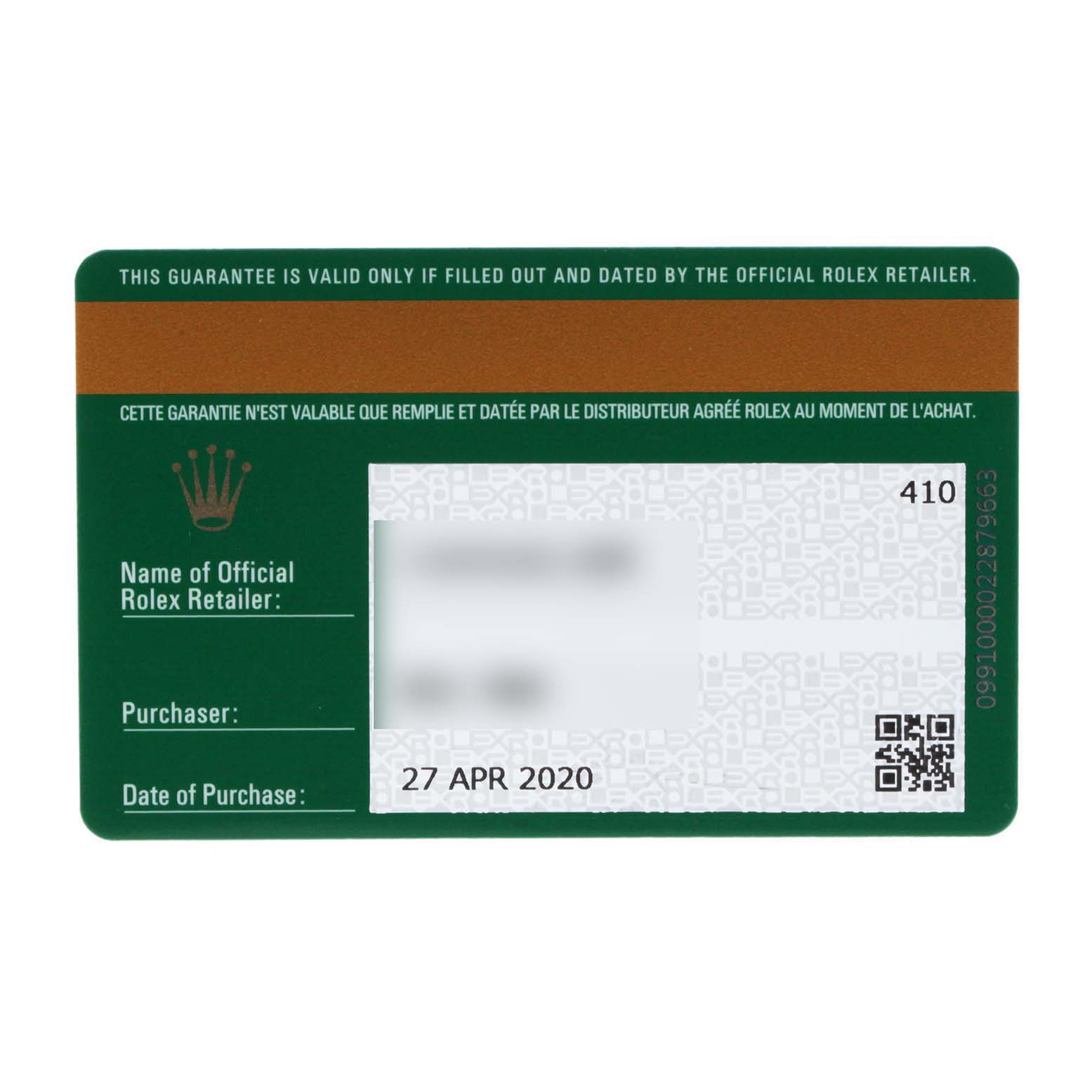 The image shows a warranty card for the Rolex Datejust 41 126334 Men's Stainless Steel White Dial 126334 Men's Stainless Steel White Dial model.