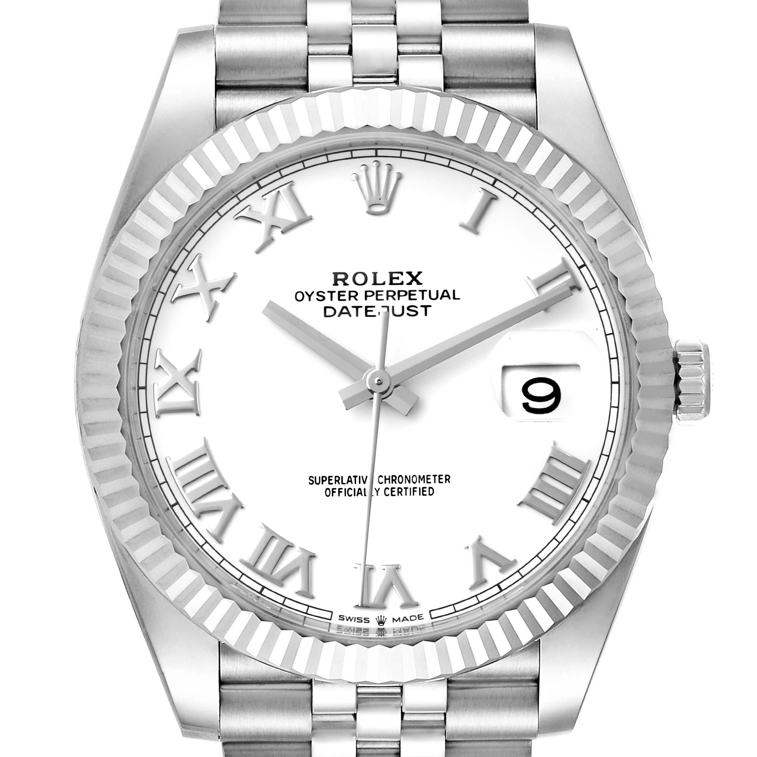 The image shows a front view of a Rolex Datejust 41 126334 Men's Stainless Steel White Dial 126334 Men's Stainless Steel White Dial watch, featuring its dial, hands, bracelet, and date window.