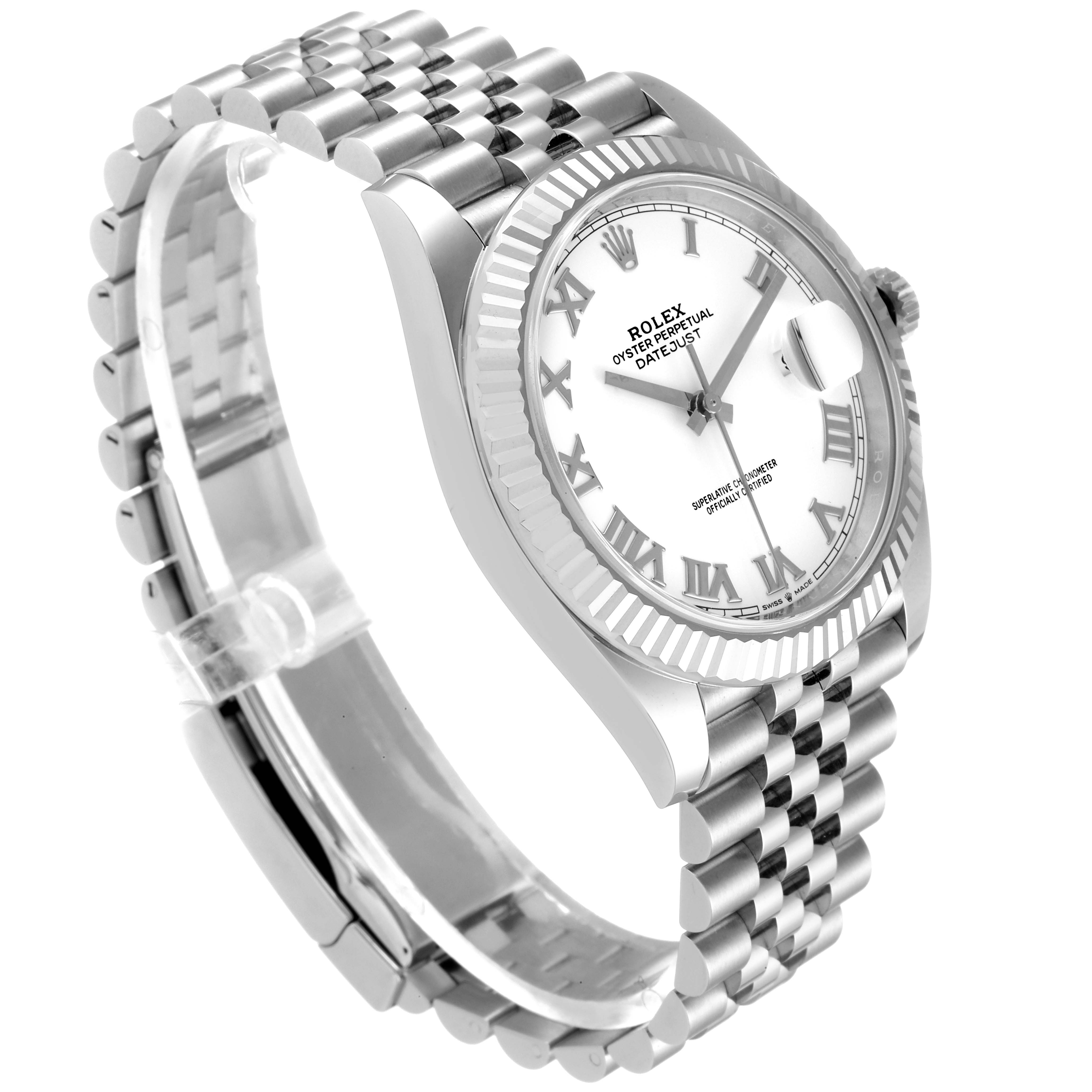 This image shows a side-angle view detailing the face, fluted bezel, and Jubilee bracelet of the Rolex Datejust 41 126334 Men's Stainless Steel White Dial 126334 Men's Stainless Steel White Dial model.
