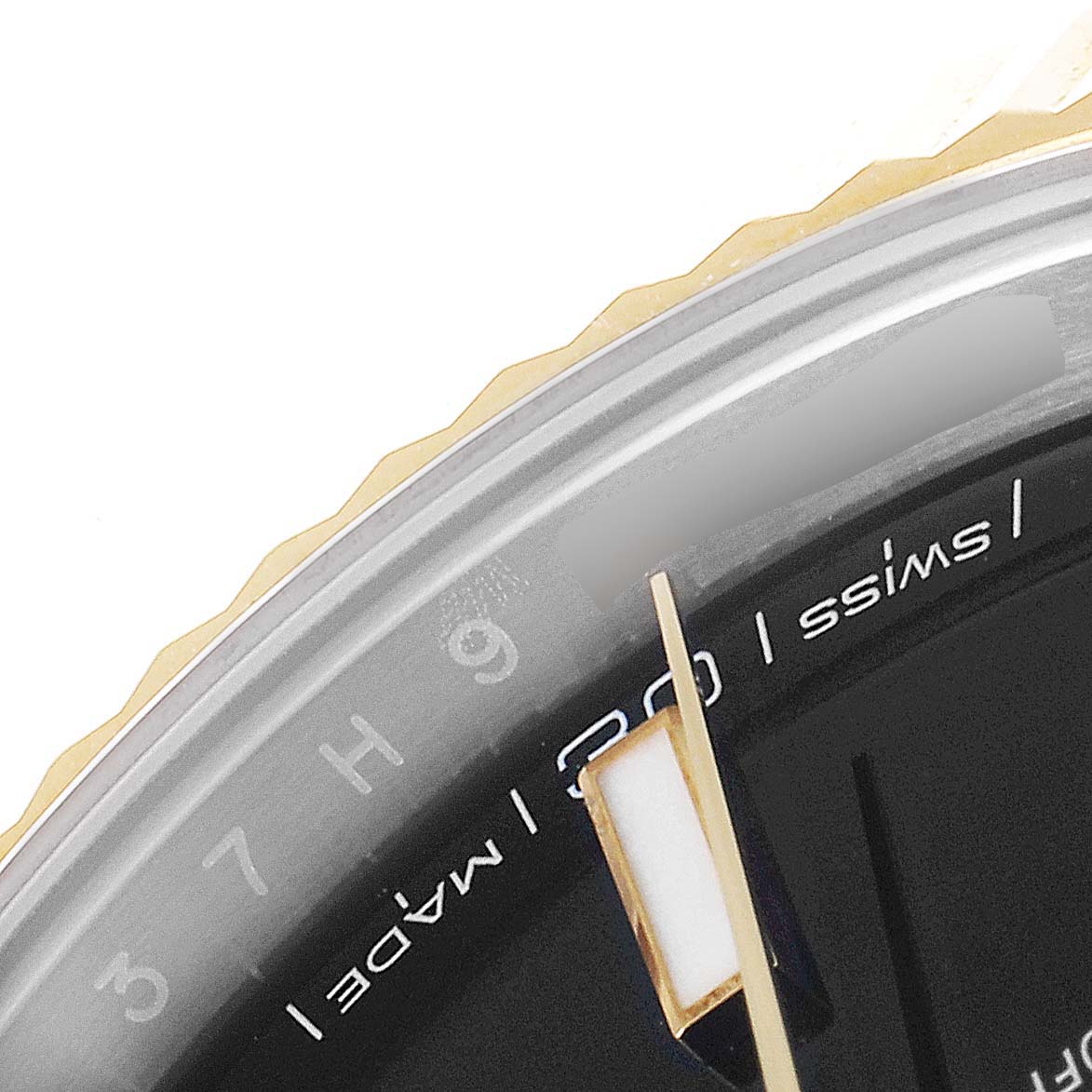The image shows a close-up of the dial and bezel of a Rolex Datejust 41 126333 Men's Steel and Gold (two tone) Black Dial 126333 Men's Steel and Gold (two tone) Black Dial, highlighting the "Swiss Made" text.