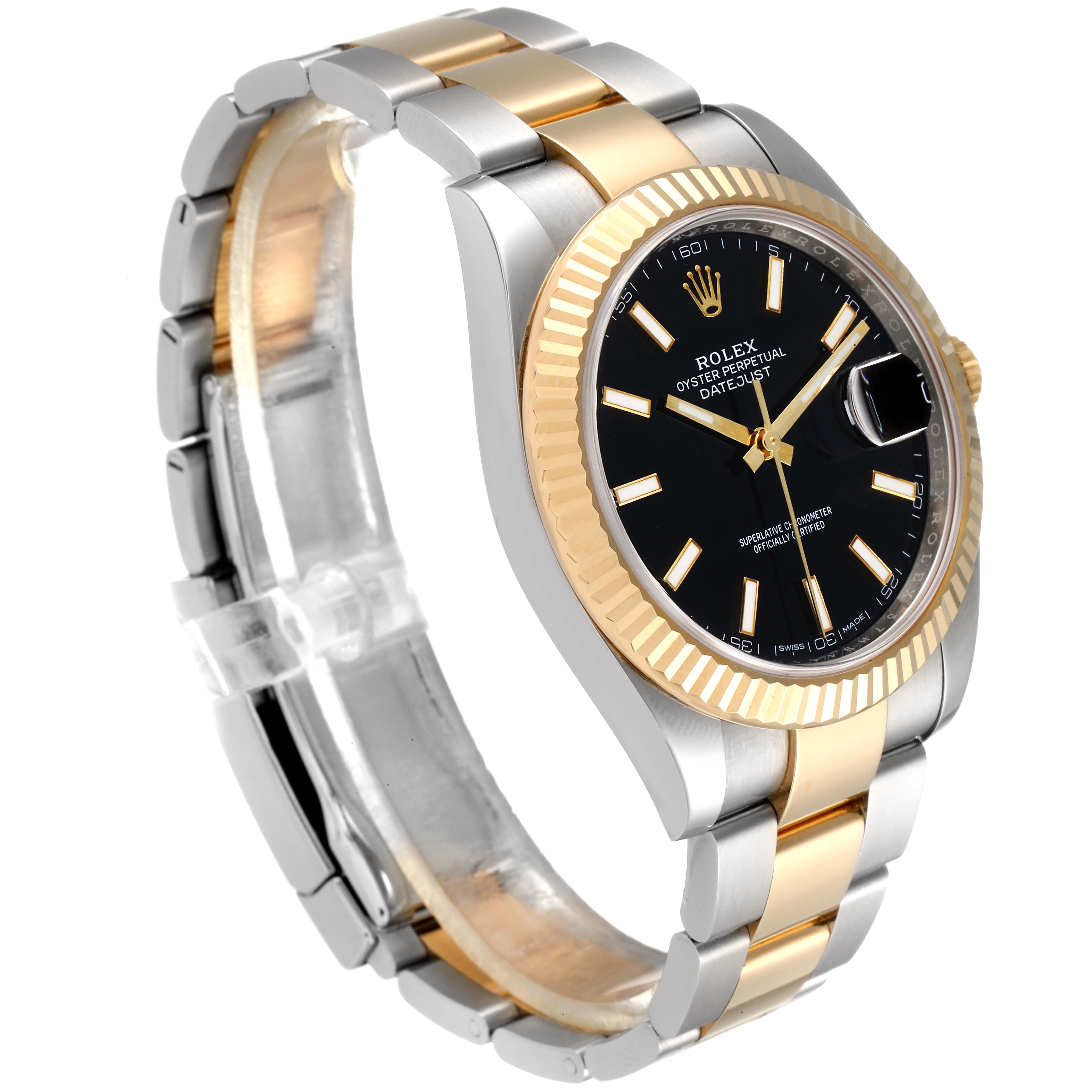 The image shows a Rolex Datejust 41 126333 Men's Steel and Gold (two tone) Black Dial 126333 Men's Steel and Gold (two tone) Black Dial watch from a front-side angle, highlighting its black dial, gold bezel, and two-tone bracelet.