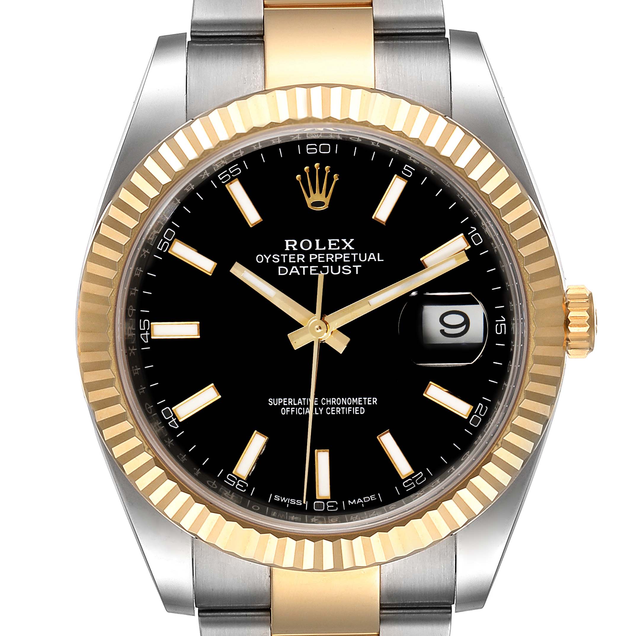 This image shows a close-up, front view of the Rolex Datejust 41 126333 Men's Steel and Gold (two tone) Black Dial 126333 Men's Steel and Gold (two tone) Black Dial watch highlighting the dial, bezel, and bracelet.