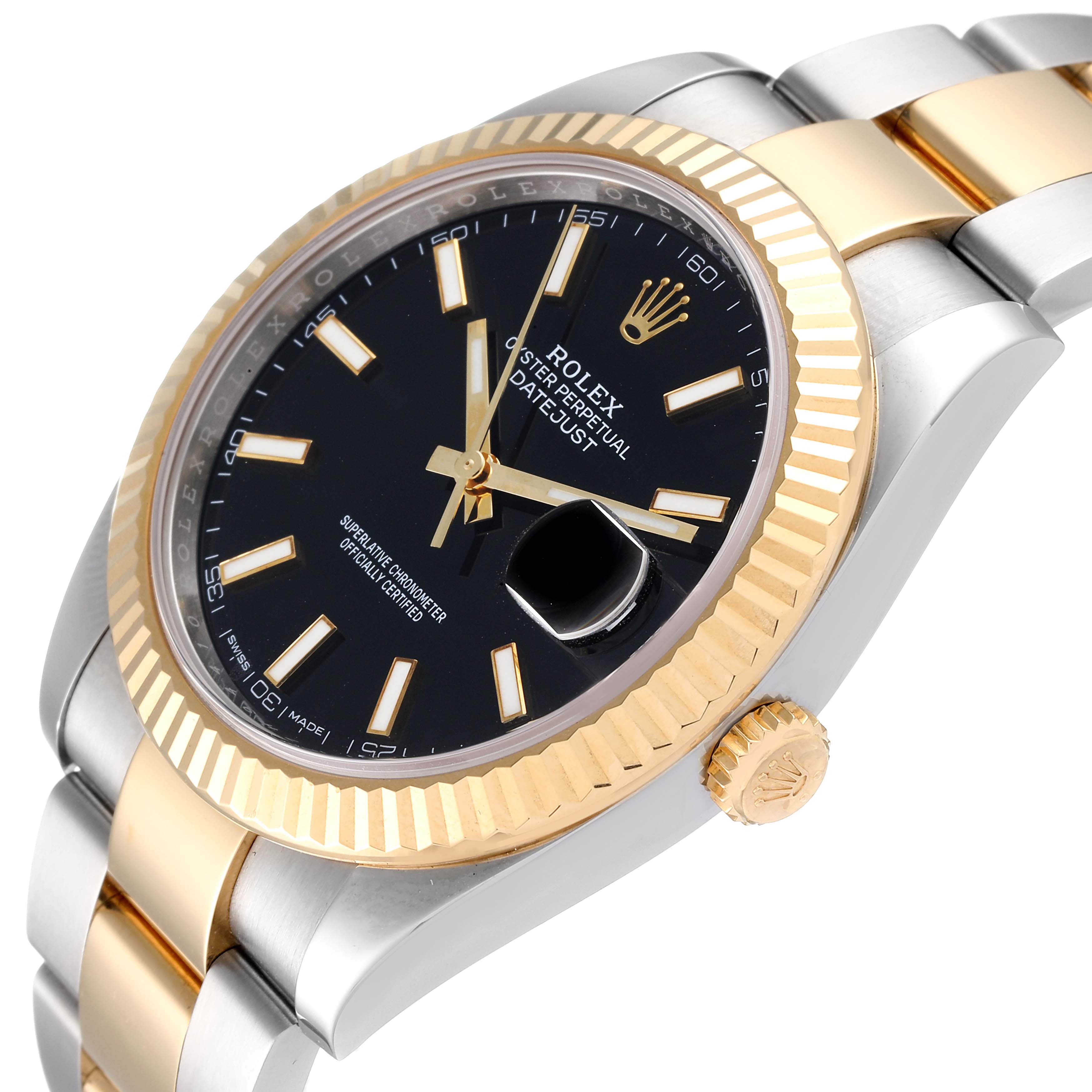 The image shows a close-up side angle of the Rolex Datejust 41 126333 Men's Steel and Gold (two tone) Black Dial 126333 Men's Steel and Gold (two tone) Black Dial, highlighting its black dial, fluted bezel, crown, and bracelet.