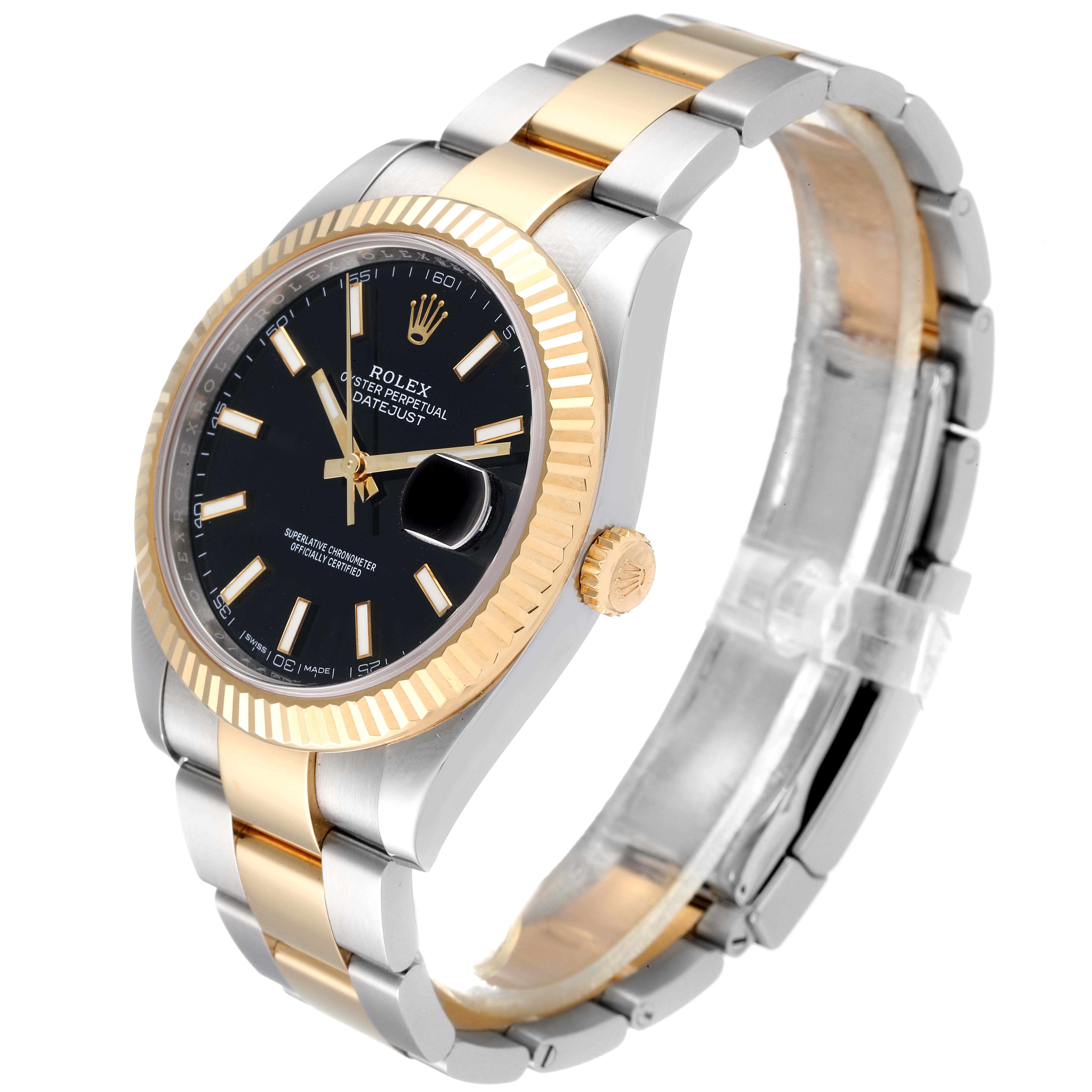 The image shows a Rolex Datejust 41 126333 Men's Steel and Gold (two tone) Black Dial 126333 Men's Steel and Gold (two tone) Black Dial watch at a three-quarter angle, highlighting its black dial, fluted bezel, and two-tone bracelet.