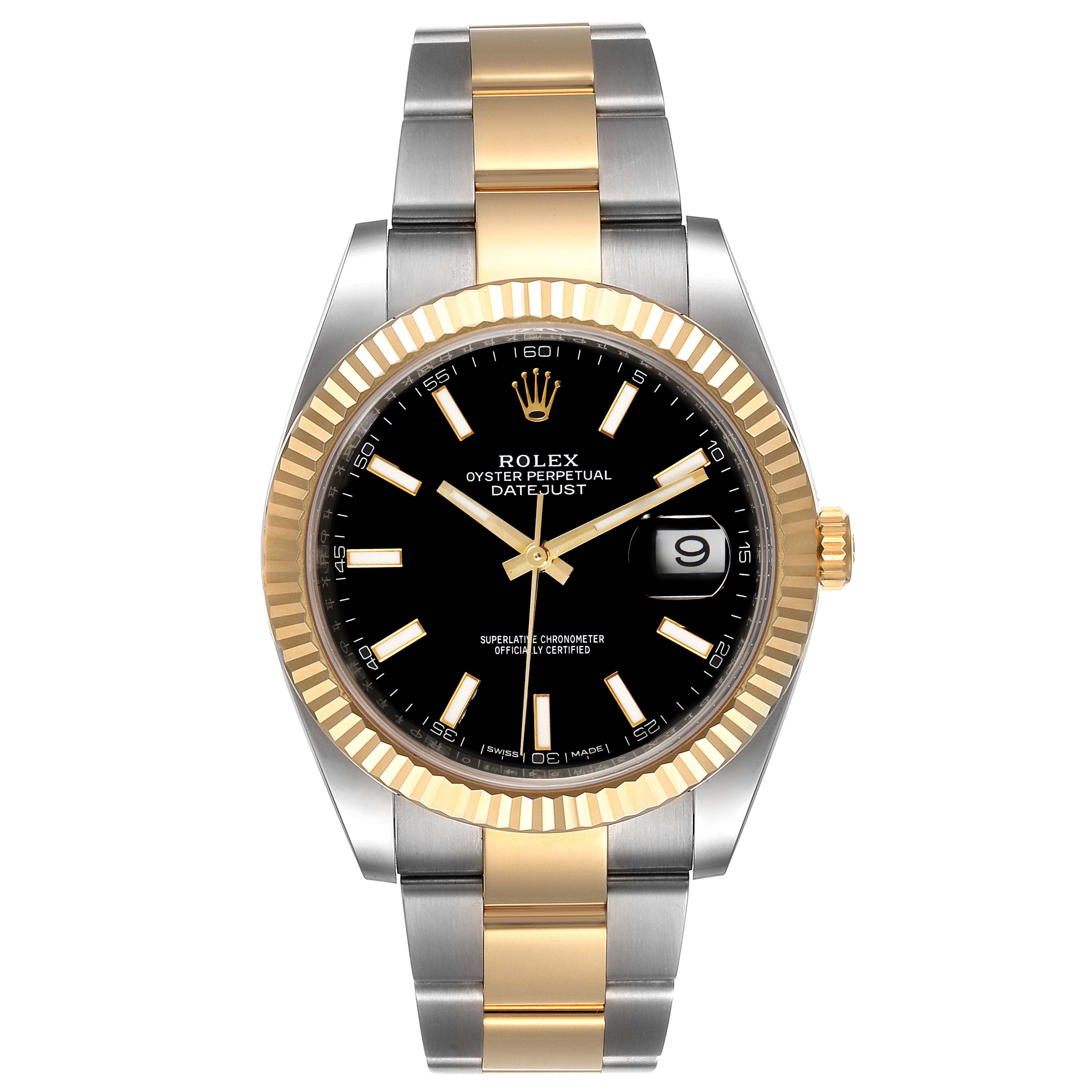 The image shows a frontal view of the Rolex Datejust 41 126333 Men's Steel and Gold (two tone) Black Dial 126333 Men's Steel and Gold (two tone) Black Dial watch, featuring a two-tone bracelet and a black dial with a date display.